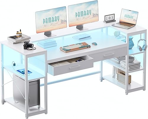 Miniatura 3 de Pamray Escritorio para computadora de 58 pulgadas con soporte para monitor y estantes, escritorio para juegos con luces LED y tomas de corriente,