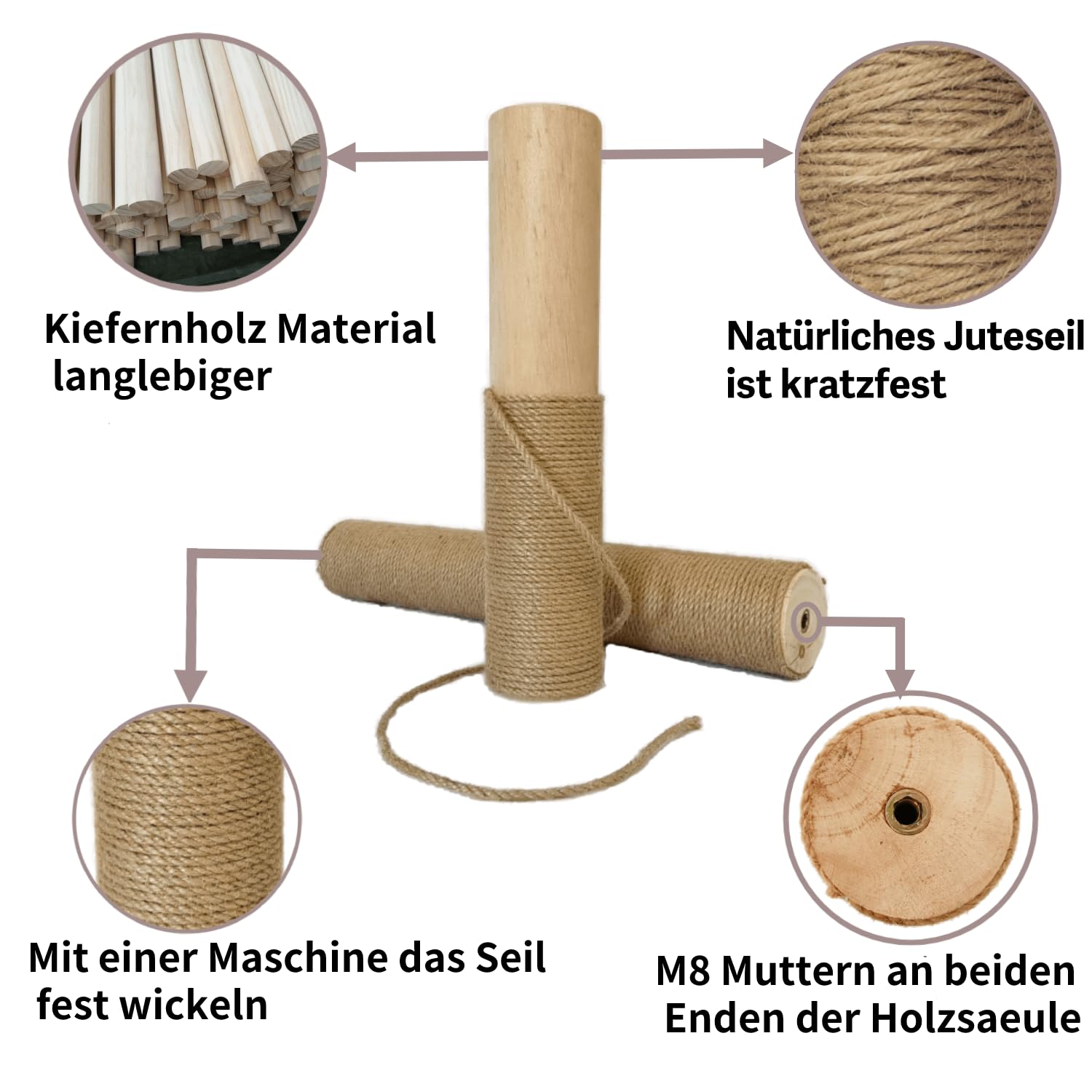 2 sztuki drapaka 7 cm Deluxe z trzpieniem stojakowym, pień do zdrapywania z linką sizalową dla kotów, które zastępują stare pień, kolumna do drapania z gwintem: 8 mm (M8) (Ø 9 cm x długość 60 cm)