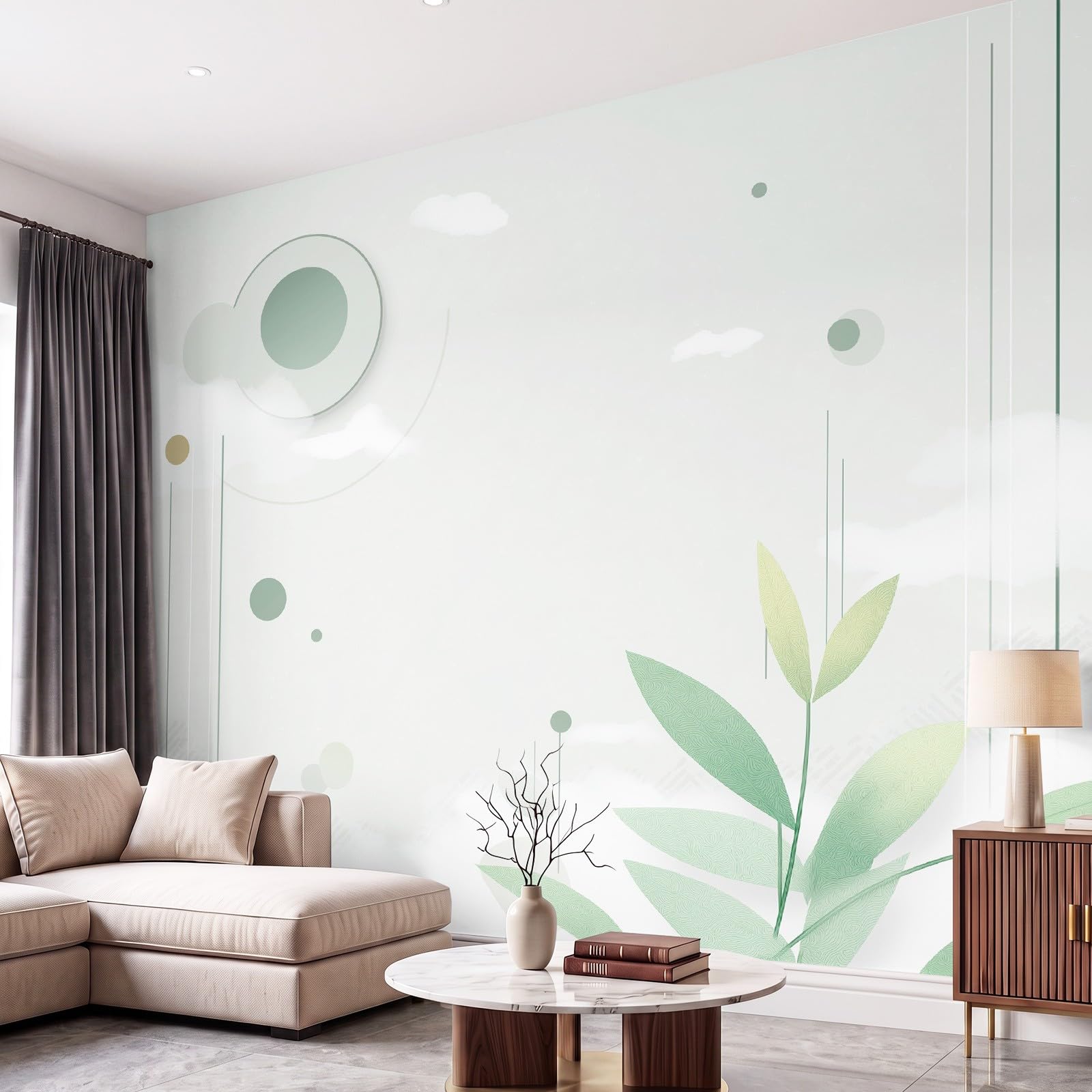 Tapeta minimalistyczna, włóknina, murale ścienne, chmura, szałwia, zieleń, botaniczna, do biura, salonu, sypialni, dekoracja, plakat, obraz, jasnozielony, fototapeta, 200 x 140 cm, dekoracja domu