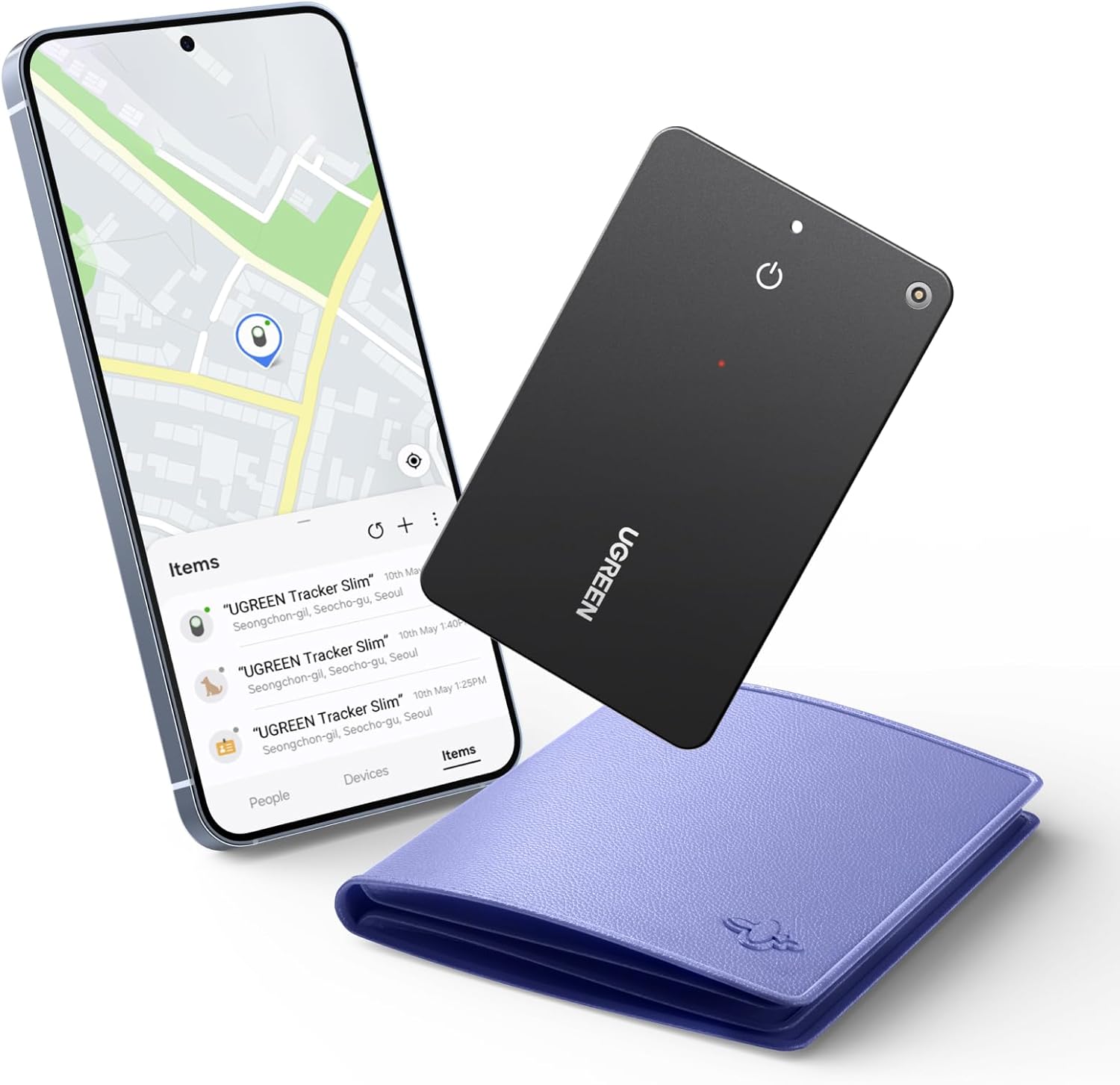 UGREEN FineTrack Slim S tracker, a smartphone displaying the SmartThings app, and a wallet.