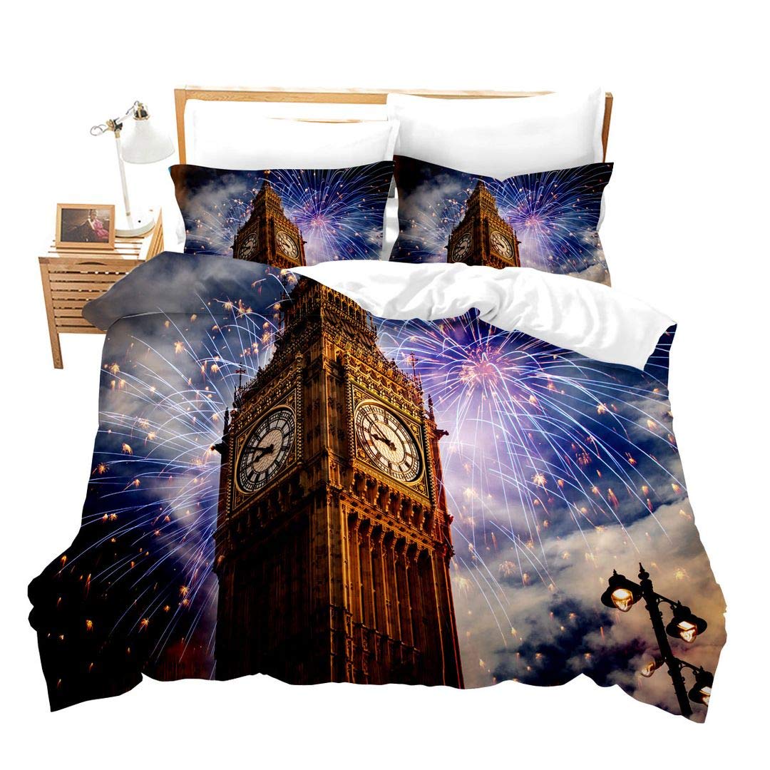 Loussiesd Multicoloured 9 London Theme Comforter Cover Set Single For Children Big Ben Print Duvet Cover Set Decorative Cityscape Bedding Set Digital Print Fireworks Bedspread Cover Novelty Zipper&Ties Soft