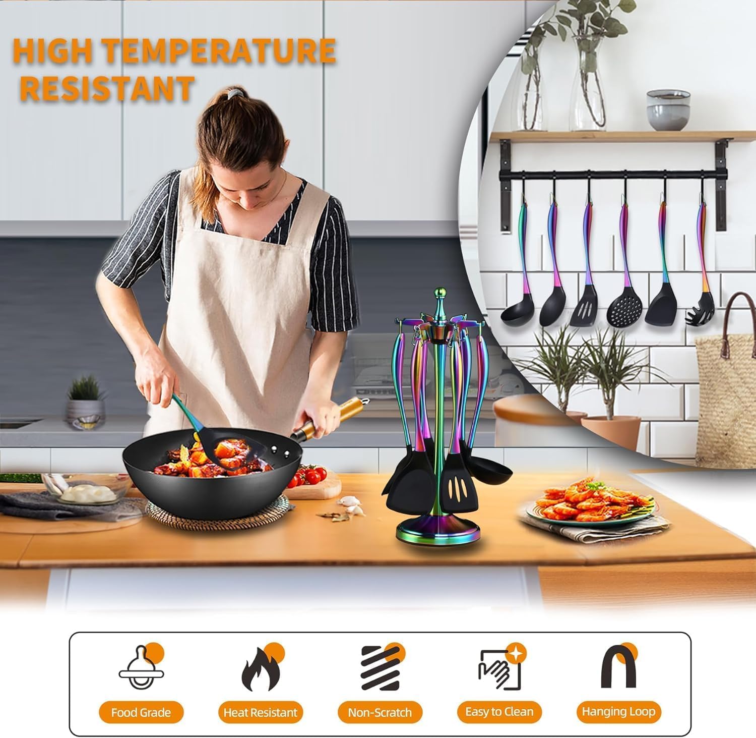 Juego de utensilios de cocina de silicona, 6 piezas de utensilios de cocina de silicona, utensilios de cocina antiadherentes, mango de acero inoxidable de titanio con soporte para utensilios,
