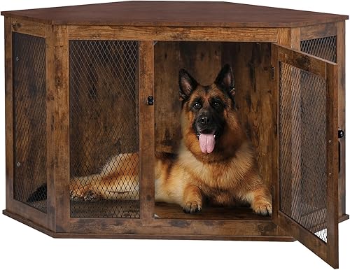 OFIKA Muebles esquineros para perros, mesa auxiliar esquinera de madera para perreras con malla de metal, mesa auxiliar esquinera para interiores