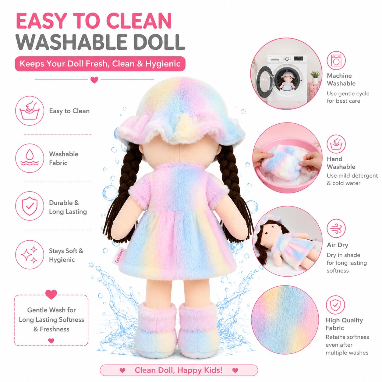 Coolet Soft Hat Doll for Kids 42 cm | Cute Plush Rag Doll with Cap & Braided Hair | Washable Stuffed Soft Toy for Girls & Boys | Birthday Gift | Multicolor 4