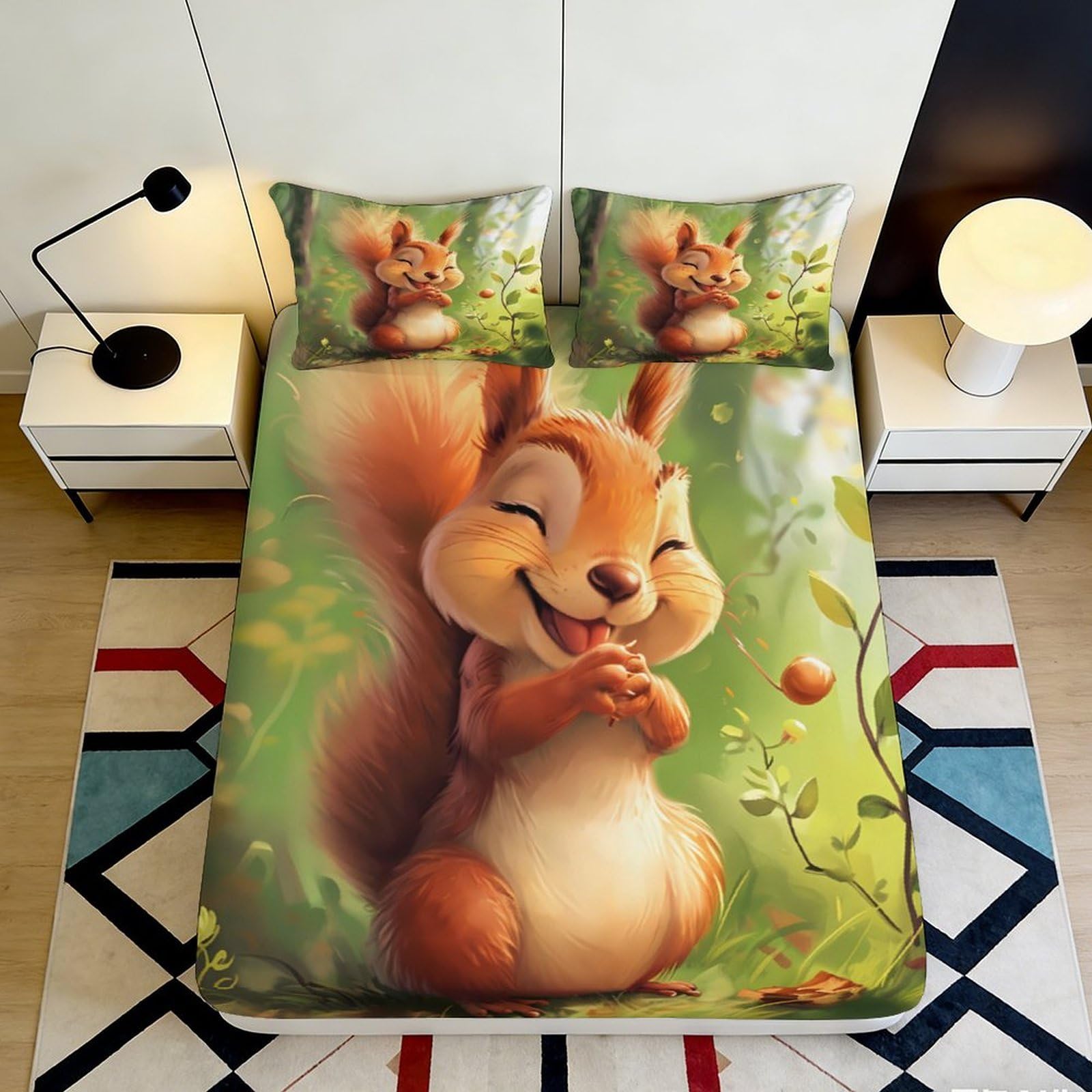 3D Printed Cartoon Squirrel Fitted Sheet Microfiber Soft Green Forest Bed Cover for Bedroom Guest Room Mattress Protection 90x200x25cm