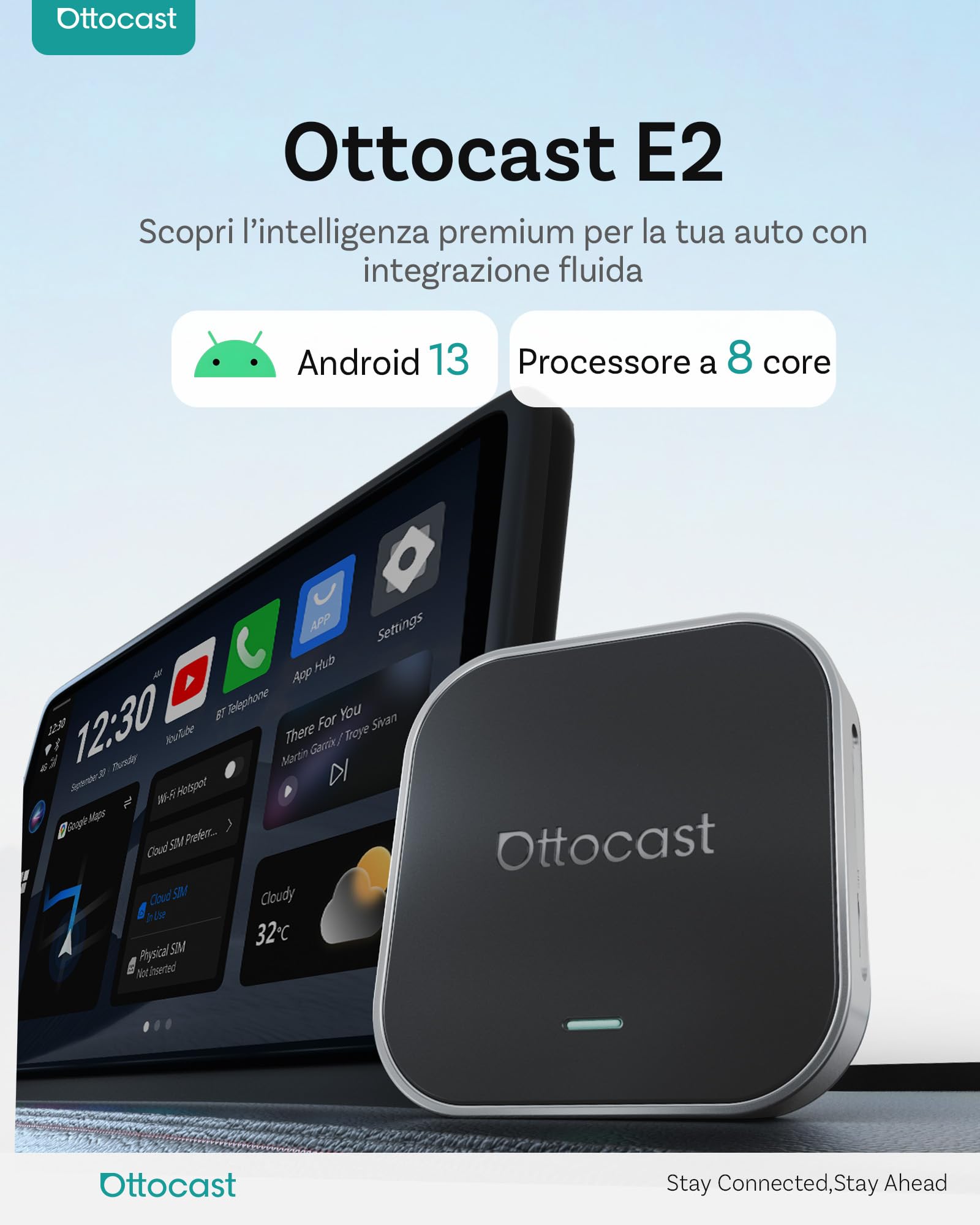 OTTOCAST OttoAibox E2 2026 AI Box, 3-in-1 CarPlay e Android Auto Wireless Android 13 Streaming Box, Adattatore CarPlay Wireless Dual WiFi, Schermo Diviso, Bluetooth 5.0, Aggiornamento FOTA