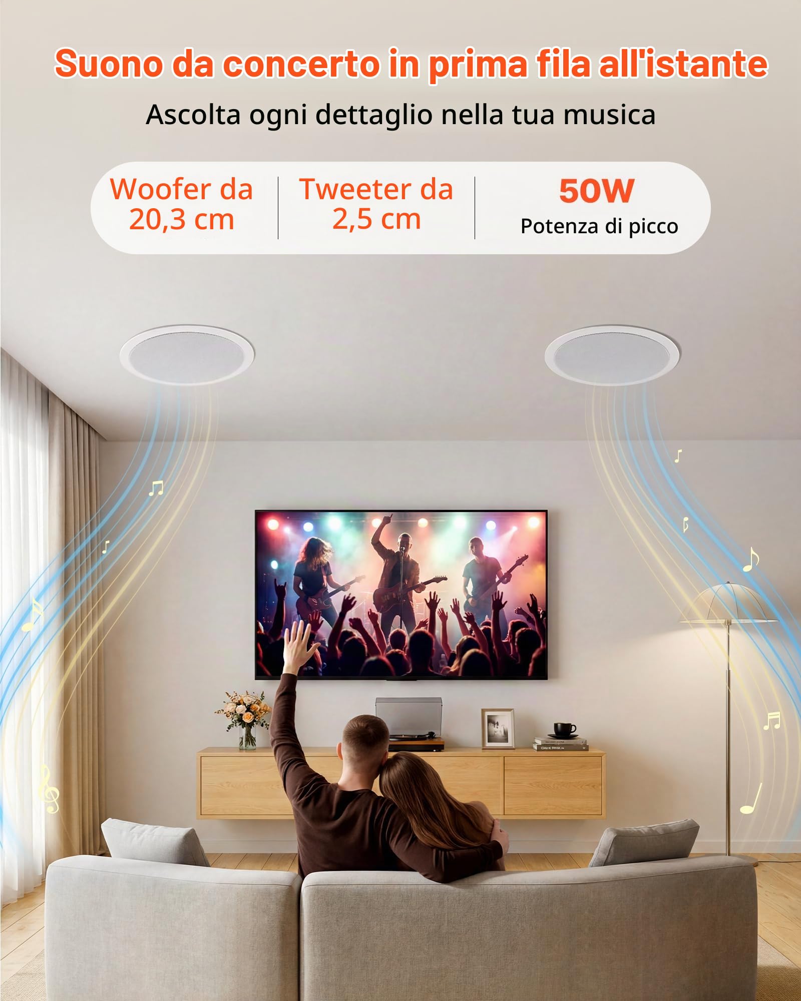 VEVOR Altoparlanti da Incasso a Soffitto 2 pezzi, Altoparlanti con Bluetooth da Incasso da Parete 203,2 mm per Uso Interno Soggiorno Home Theater Montaggio a 2 Vie Potenza Picco Singola 50 W