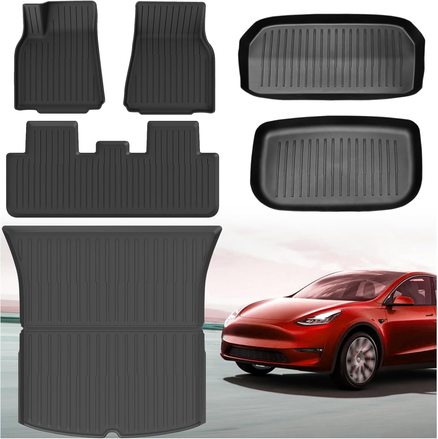 Floor Mat for Tesla Model Y 2021-2024, Pure TPE Injection Molding All Weather Odorless Durable Trunk Liner for Model Y 2021 2022 2023 2024 (Not Fit 7-Seat), Set of 6 FM-ModelY-2023-LITBM