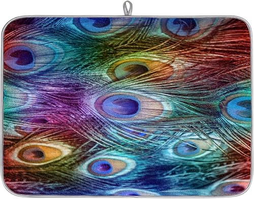 Tapete de secado de platos de color pavo real prémium para encimera de cocina, tela de poliéster absorbente, respaldo antideslizante, ideal para