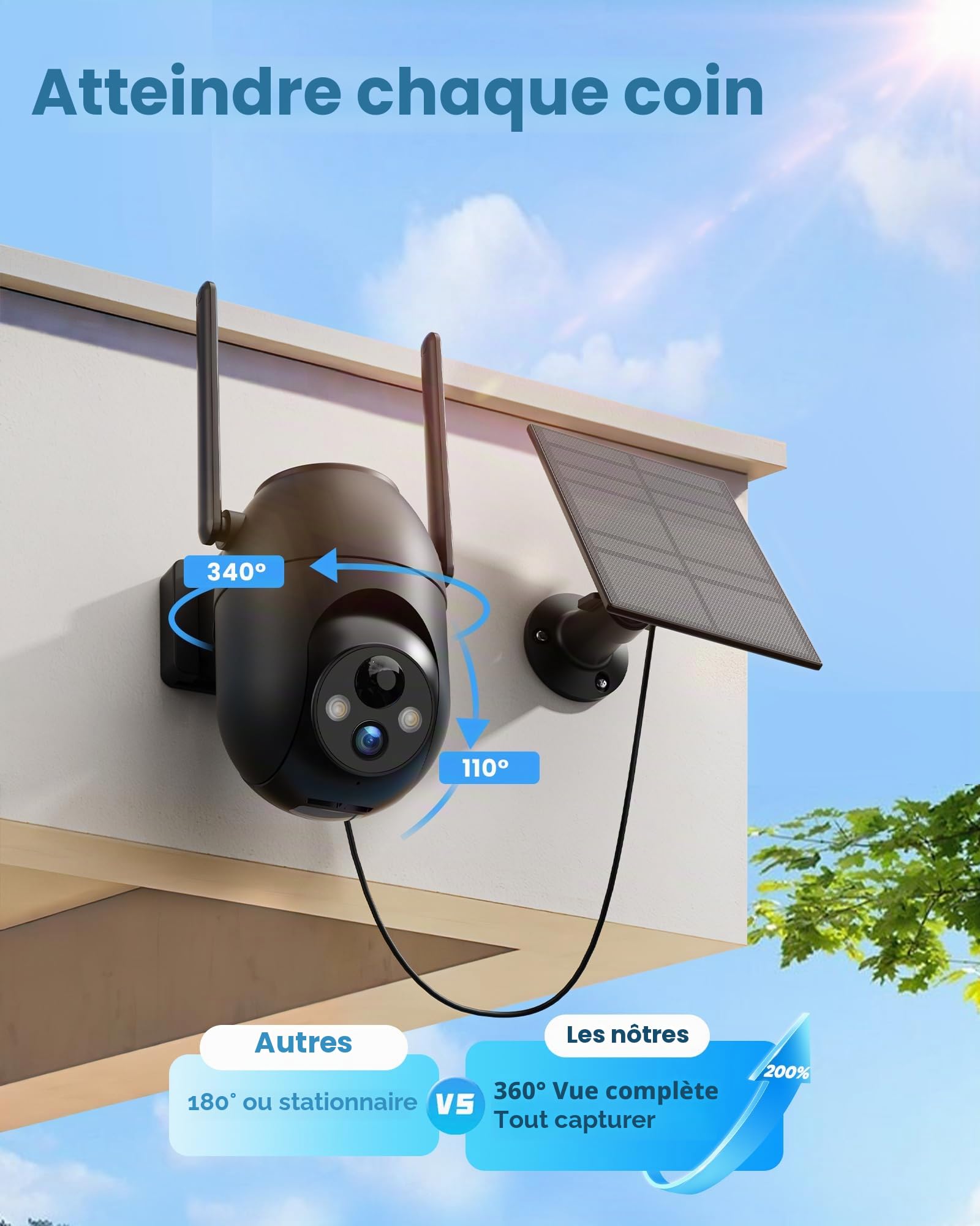 SIIOOE Camera Surveillance WiFi Exterieure Solaire: 2K Camera Exterieur sans Fil Batteries - 360° PTZ Caméra IP Vision Nocturne Couleur - Pas de Support 5G
