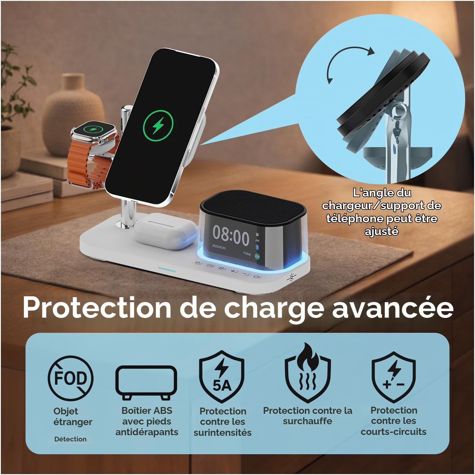 Chargeur sans Fil 5-en-1 avec Réveil, Haut-Parleur Bluetooth & Veilleuse LED pour MagSafe par MMOBIEL – Station de Charge sans Fil Qi2.2 25W pour iPhone, Apple Watch & AirPods – Blanc