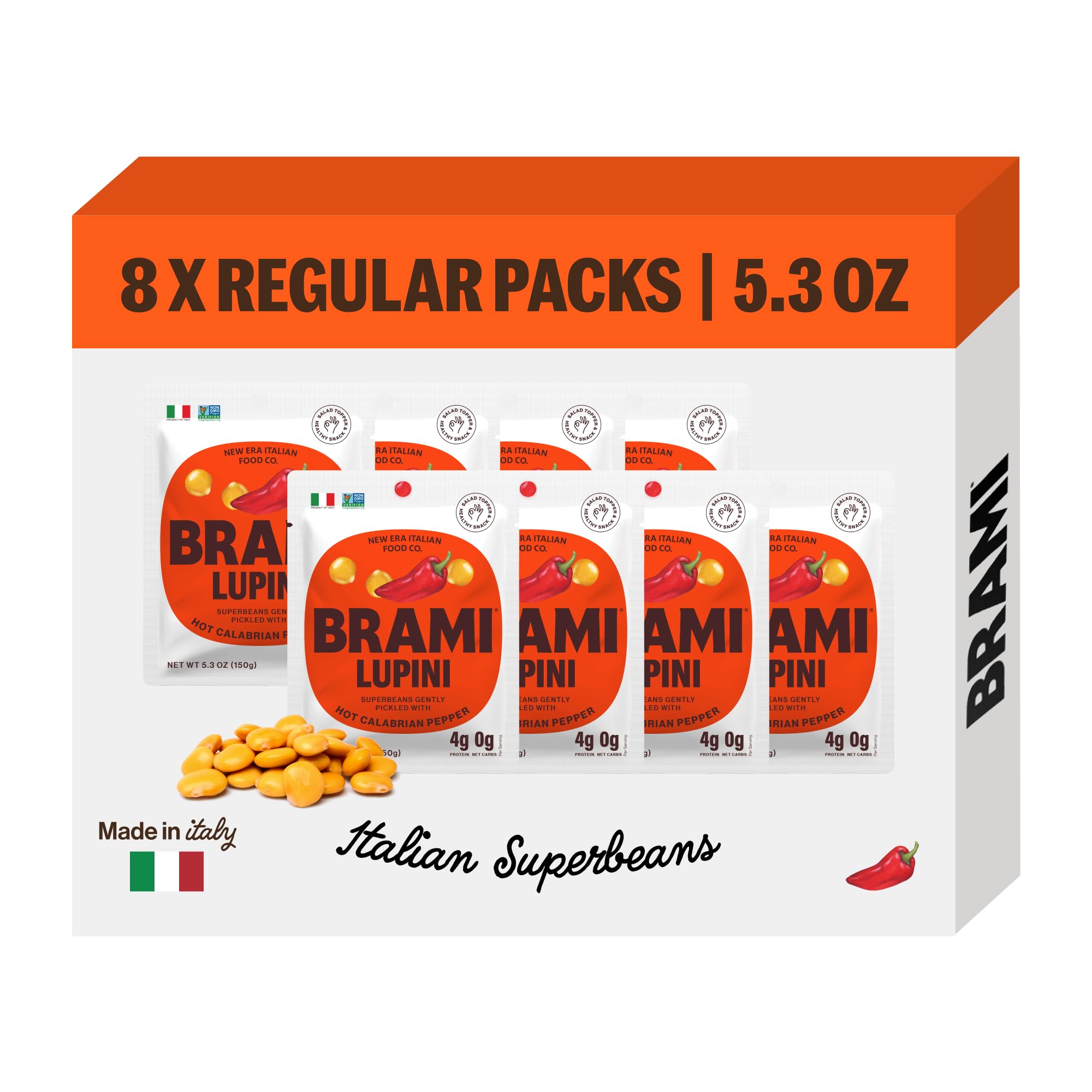 BRAMI Lupini Beans Snack, Hot Chili Pepper | 7g Plant Protein, 0g Net Carbs | Vegan, Vegetarian, Keto, Plant Based, Mediterranean Diet, Non Perishable | 5.3 Ounce (8 Count)