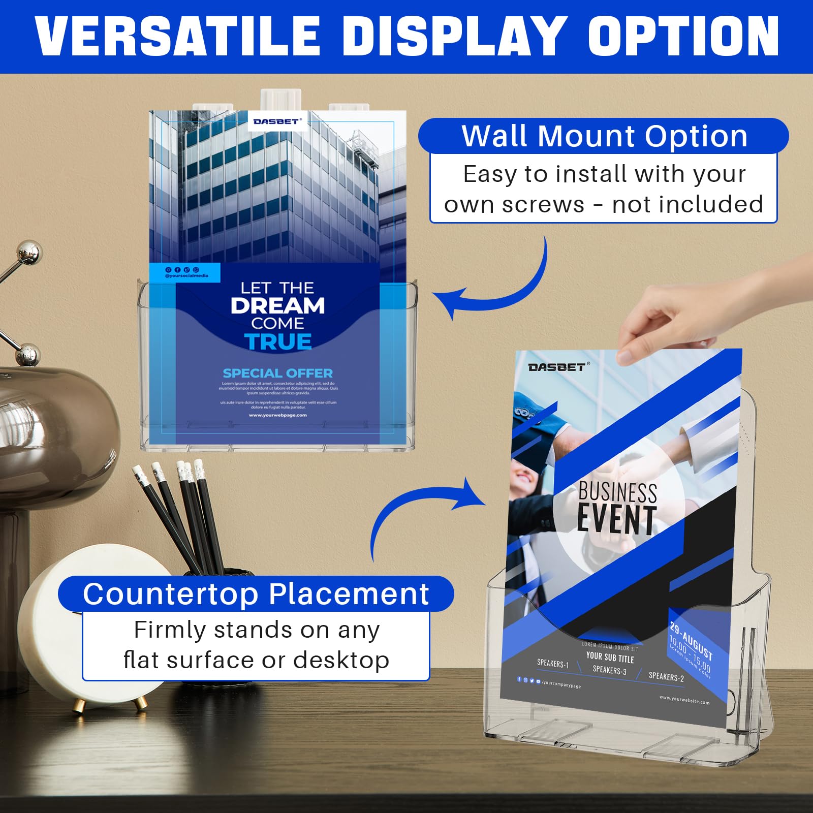 DASBET Lot de 4 supports de brochure en acrylique transparent A4 en plexiglas - Support mural transparent pour magazines, brochures, brochures - Lot de 4 (A4)