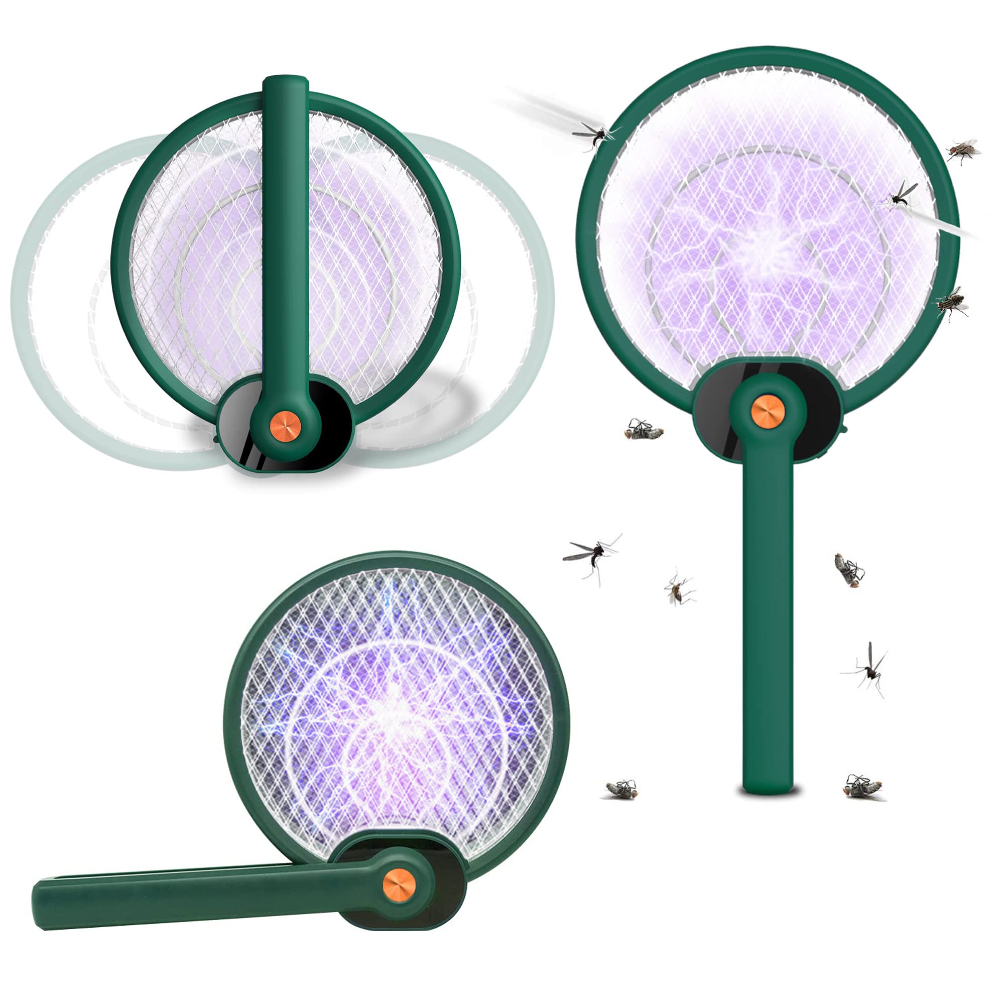 KASTWAVE Bug Zapper Racket, Fly Swatter, Electric Foldable 2-in-1 Bug Zapper Racket & Trap Lamp, Fly Killer Mosquito USB Rechargeable Racket and Bug Racquet Trap Killer for Indoor & Outdoor (GREEN)
