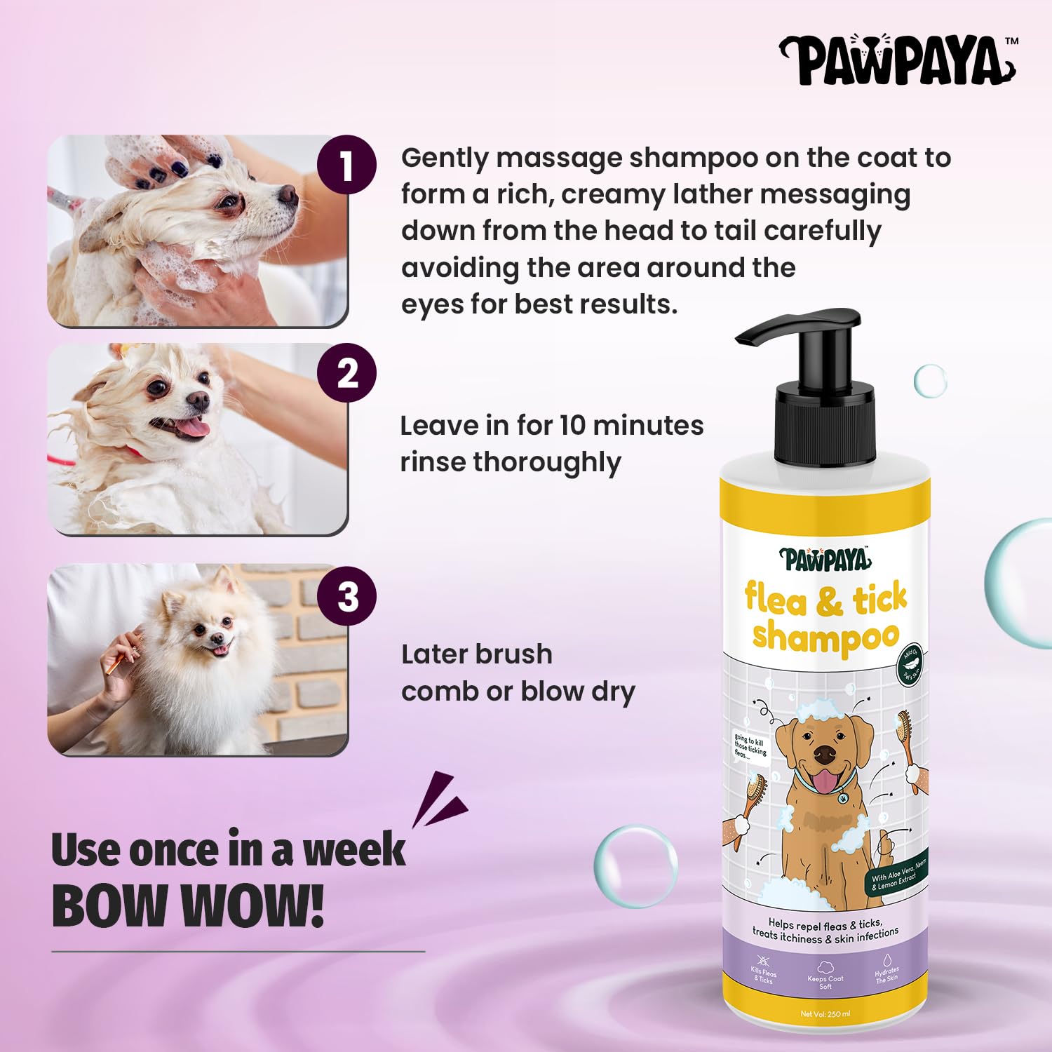 Pawpaya Flea & Tick Dog Shampoo | Neem & Aloe Vera Formula | Removes Fleas, Ticks & Odor | Safe, Gentle & Effective for All Breeds | 250ml 1
