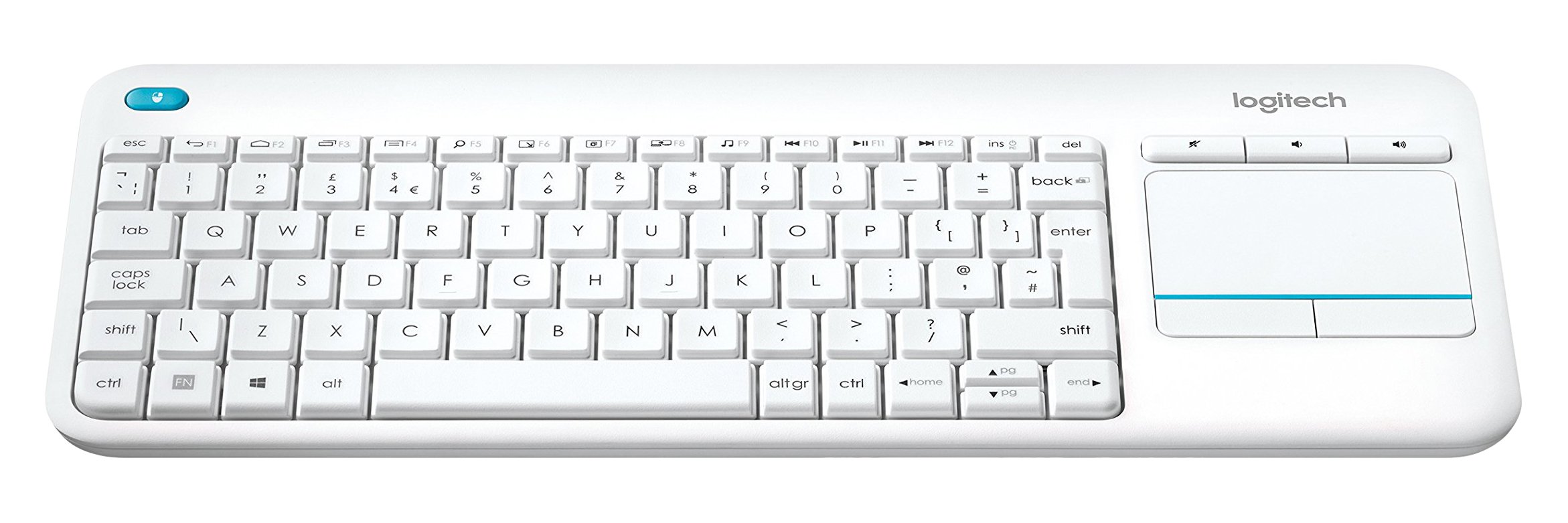 Logitech K400 Plus Kabellose Touch-TV-Tastatur mit integriertem Touchpad, Englishes QWERTY-Layout - Weiß
