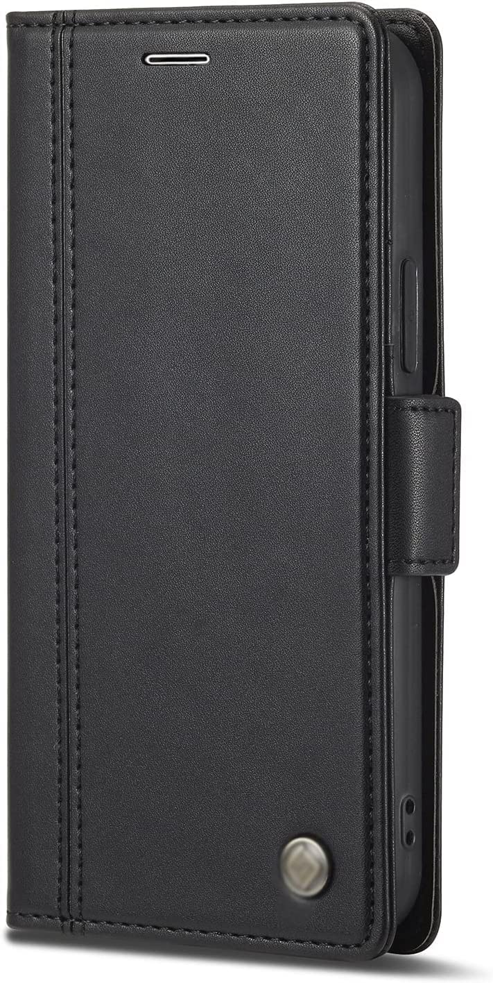 Étui pour iPhone 14 Pro Max portefeuille en cuir noir avec fentes pour cartes