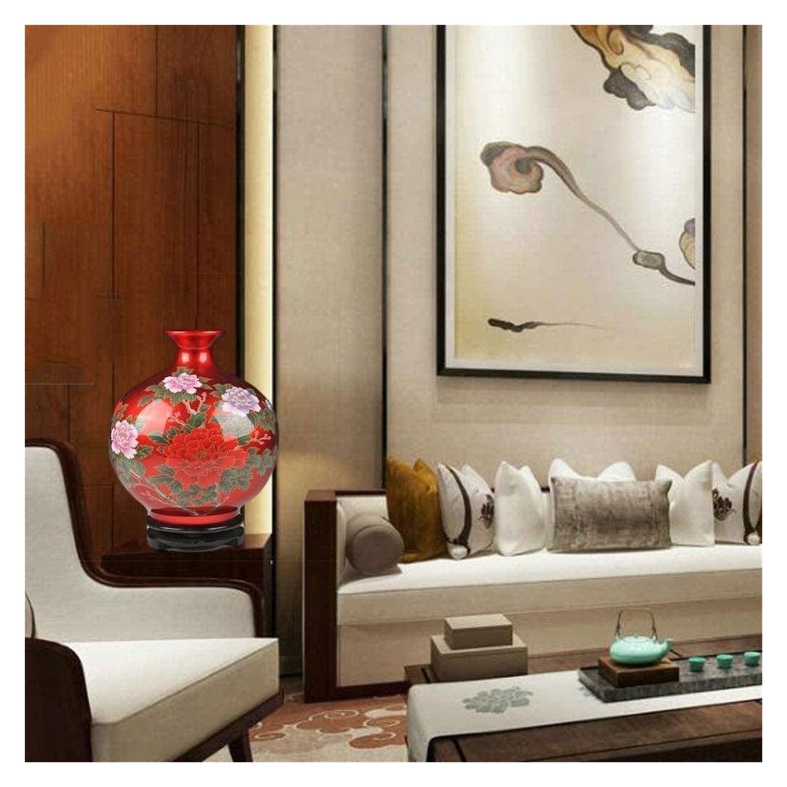 Vasen Vase aus Keramik, handgefertigt, mit Pfingstrosenmuster auf der Basis, kann im Arbeitszimmer, Hotel, Dekoration for Blumen platziert Werden (rot, 27 x 24 cm)
