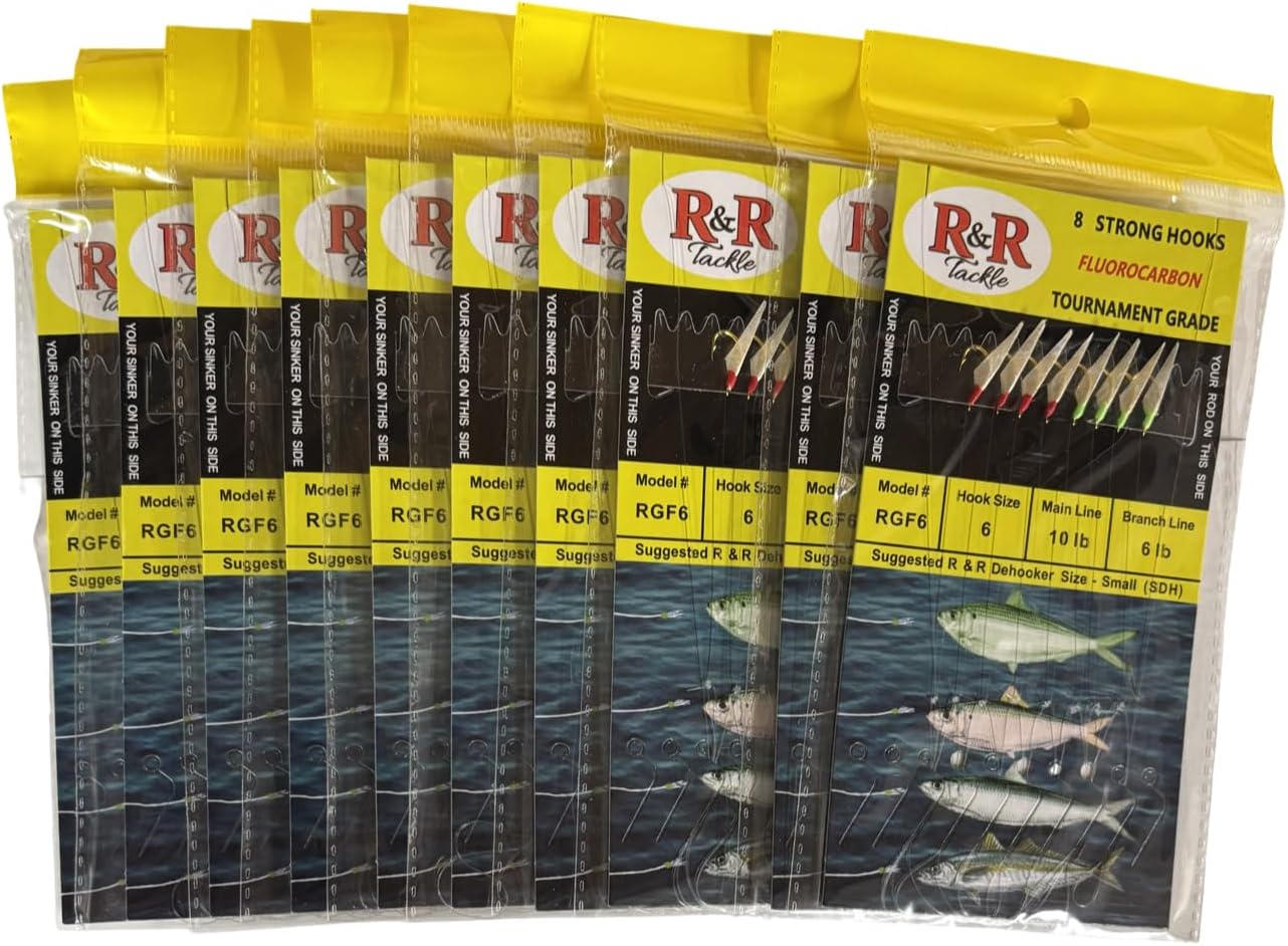 RGF6-10pk Fluorocarbon Sabiki Rig – 8 Strong Size 6 Hooks, Lifelike Fish Skin, Red & Green Heads, 10 lb Main Line, 6 lb Branch Lines – Baitfish Fishing Rig for Pilchards, Sardines & Herring