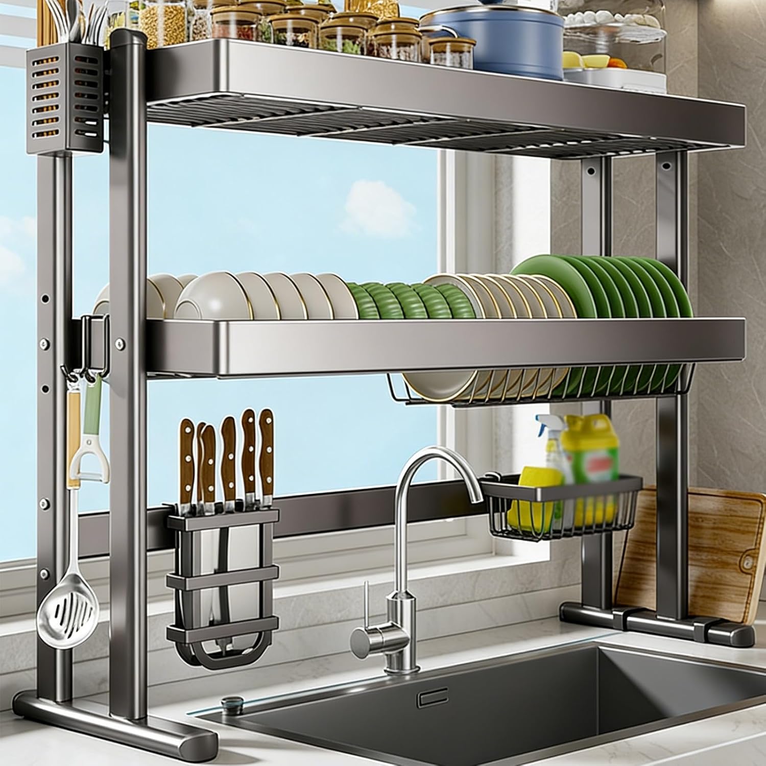 Over The Sink Dish Drying Rack, Large-Capacity Space-Saving Kitchen Dish Rack, Adjustable Height, Space Saving, for Dishes, Glasses, Bowls, Cutlery(85cm/33.5in)