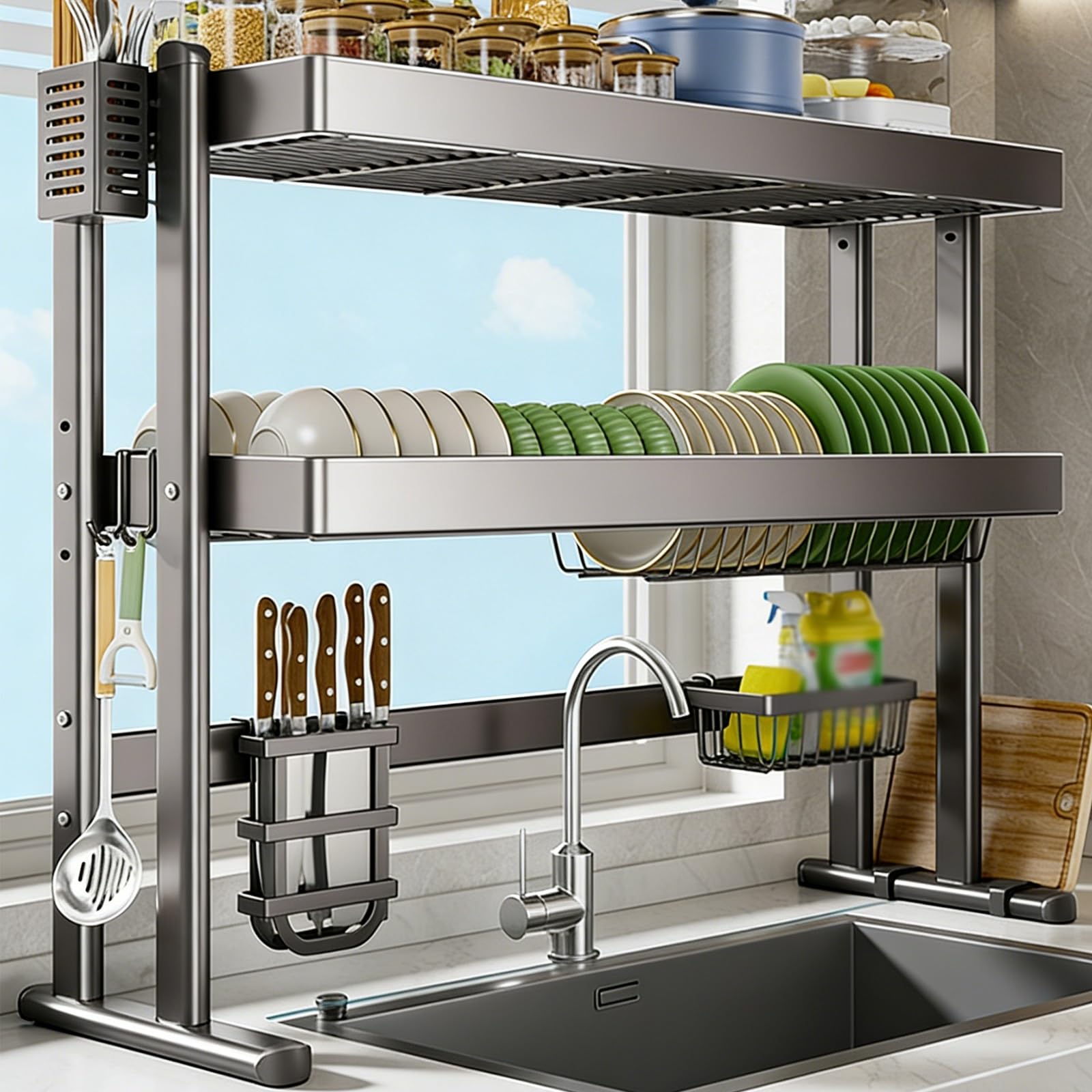Escurridor de platos sobre el fregadero, estante de cocina de gran capacidad que ahorra espacio, altura ajustable, para platos, vasos, cuencos, cubiertos
