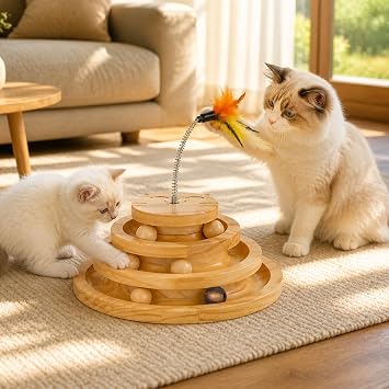 Cat Toy Ball Track with Feather Wand, 4 Layer Large Wooden Cat Ball Tower 9.9 for Indoor Cats, Interactive Self Play Cat Toy with Bell Balls, Durable Pine Track for Big & Multi Cat Homes