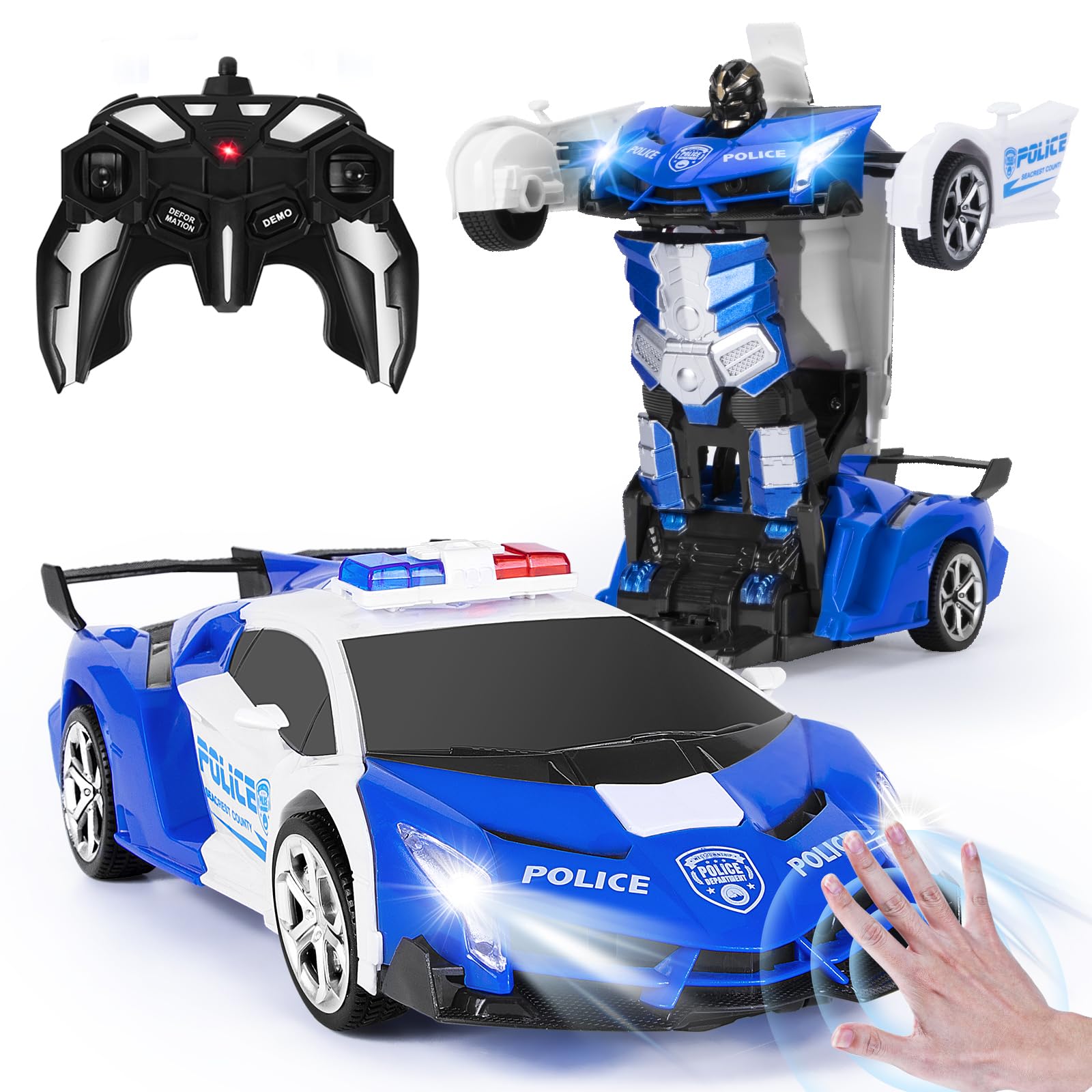 Yellcetoy Polizia Macchina Telecomandata Transform Giocattoli, Auto Robot con Gesti della Mano Sening Luce lampeggiante Musica ed Effetto Sonoro, 2,4G RC Car con Batterie Regalo per Ragazzi 3-10 Anni