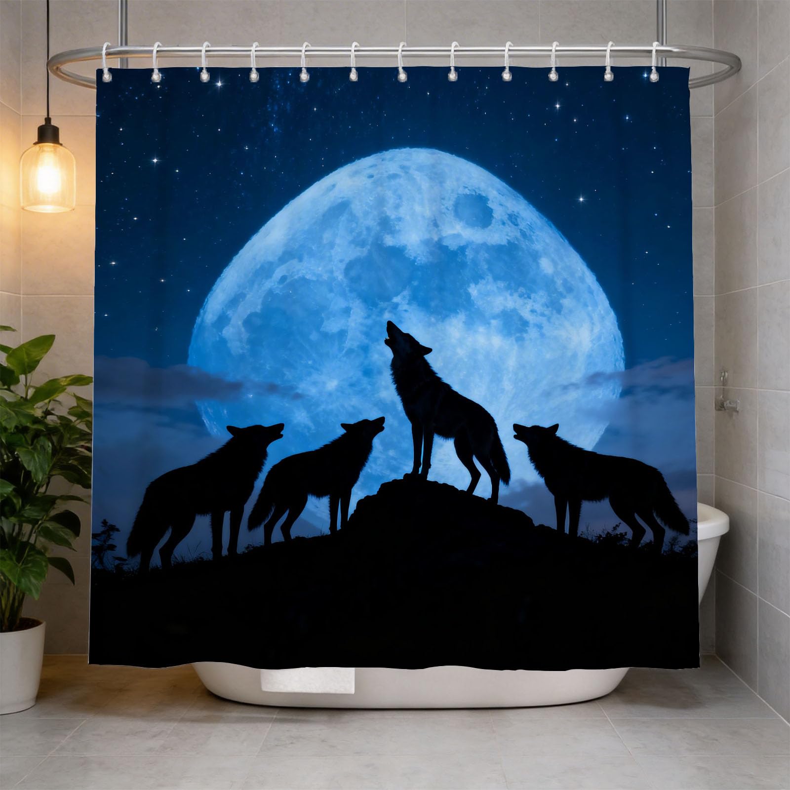 Hongduo 3D Howling Wolf Shower Curtain for Stalls Bathtubs Moon Silhouette Bathroom Decor Shower Curtain Set Polyester Fabric Waterproof 200x200cm/79X79 Inch with Hooks