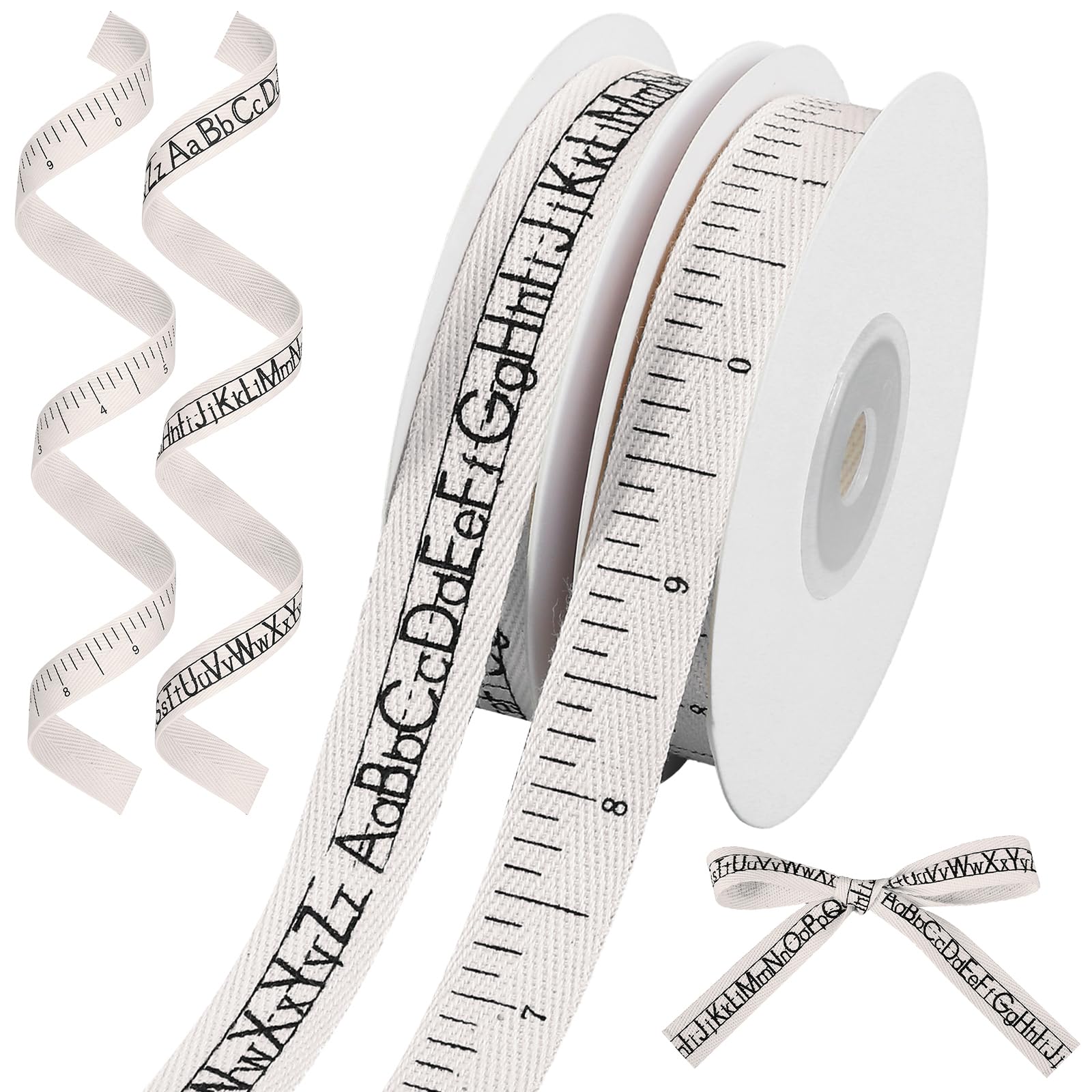 Photo 1 of Wavwavw 20 Yards Teacher Alphabet Ruler Cotton Ribbon, Natural 5/8 Inch 100% Cotton Herringbone Twill Ribbon for Crafts Gift Wrapping Holiday Birthday Decorations, 2 Rolls