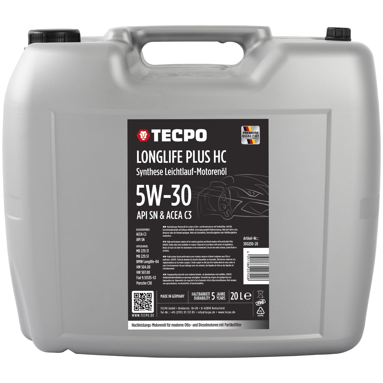 TECPO Motoröl 20 Liter 5W-30 LONGLIFE Plus HC Synthese passend für ACEA C3 / API SN / 504/507 / 229.31/229.51 / LL-04 / C30