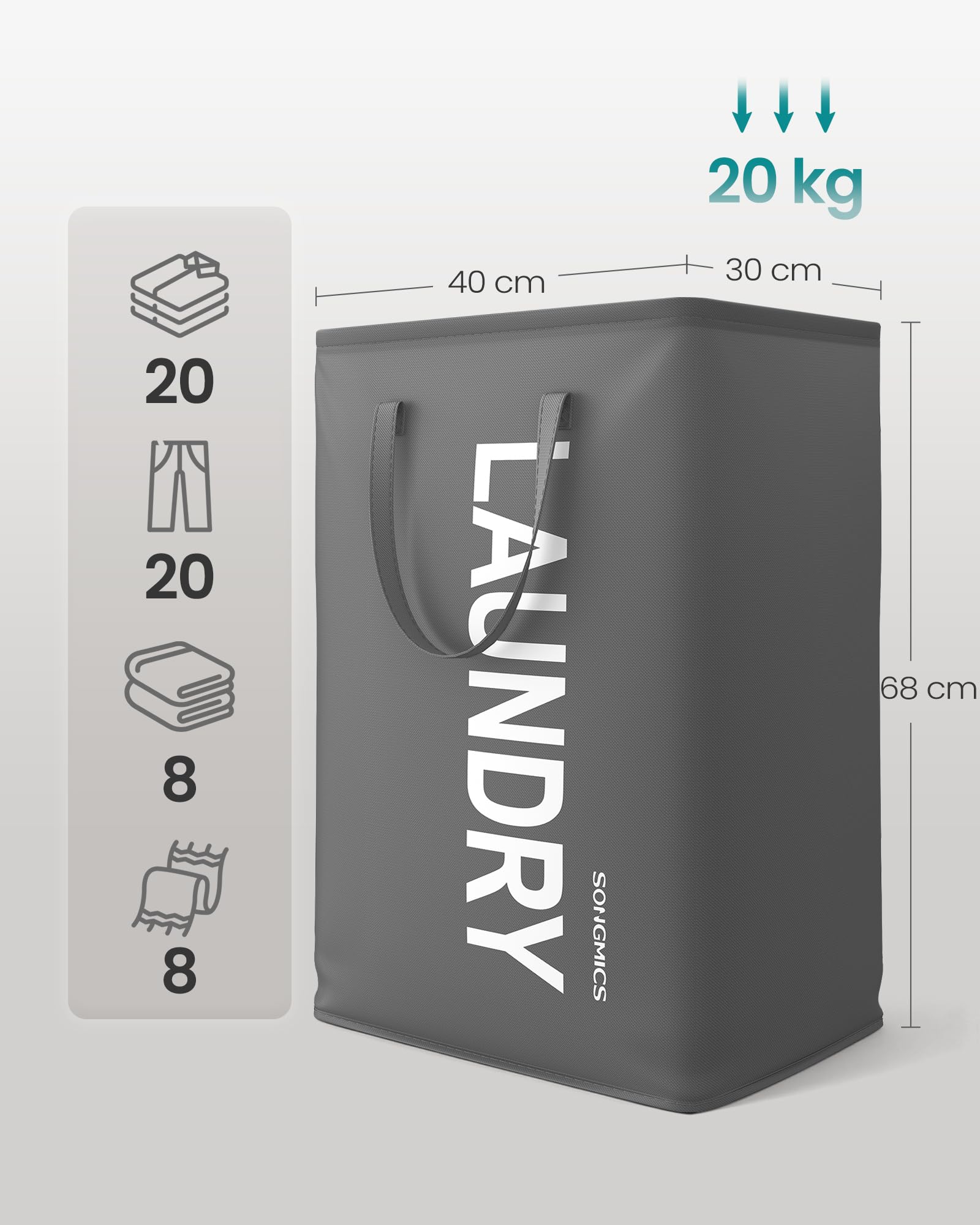 Kosz na pranie SONGMICS, 80 l, składany, kosz do przechowywania, z uchwytem, worek na pranie, wodoodporny, do pralni, sypialni, łazienki, szary łupkowy RLH001GN01
