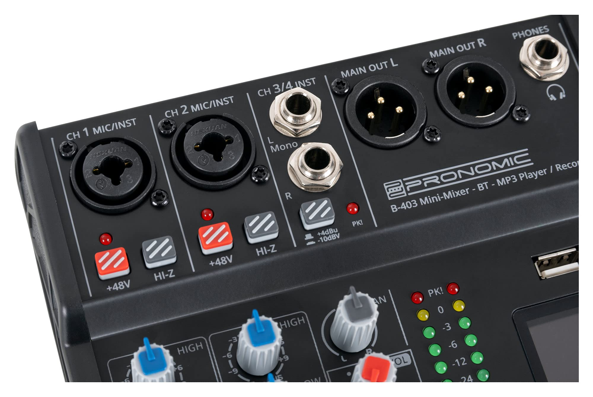 Pronomic B-403 Mini-Mixer mit Bluetooth und USB-Recording - Kompakter 4-Kanal Mixer - 2 Kanäle mit Combobuchsen, Phantomspeisung und Hi-Z Schalter - USB-Port - Main-Ausgänge im XLR-Format - Schwarz