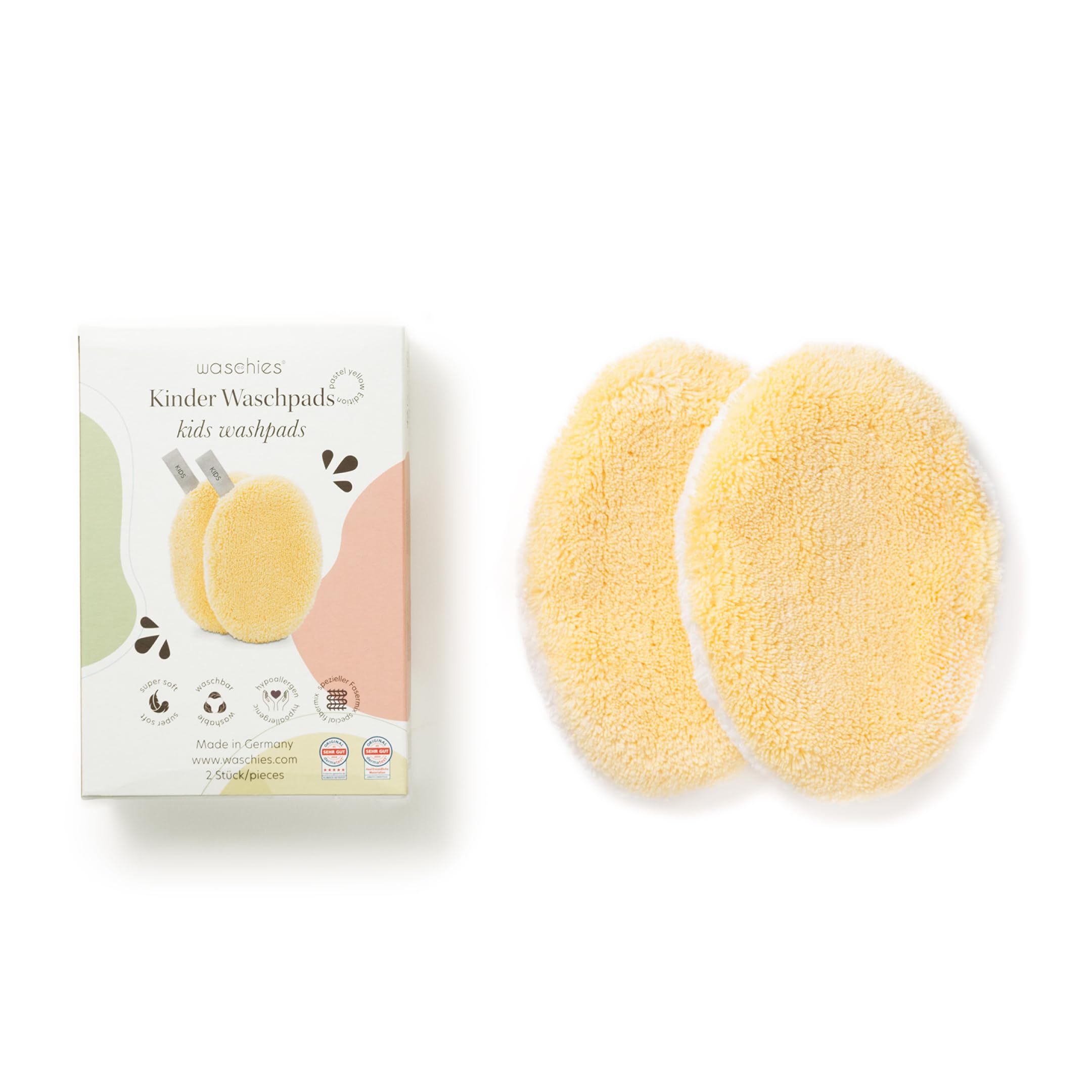 Waschies Babys & Kinder Waschpads – 2er-Set Pastellgelb – hergestellt in Deutschland - Eignung bei Windeldermatitis & Neurodermitis - hypoallergene Alternative zu Einweg-Feuchttüchern und Waschlappen