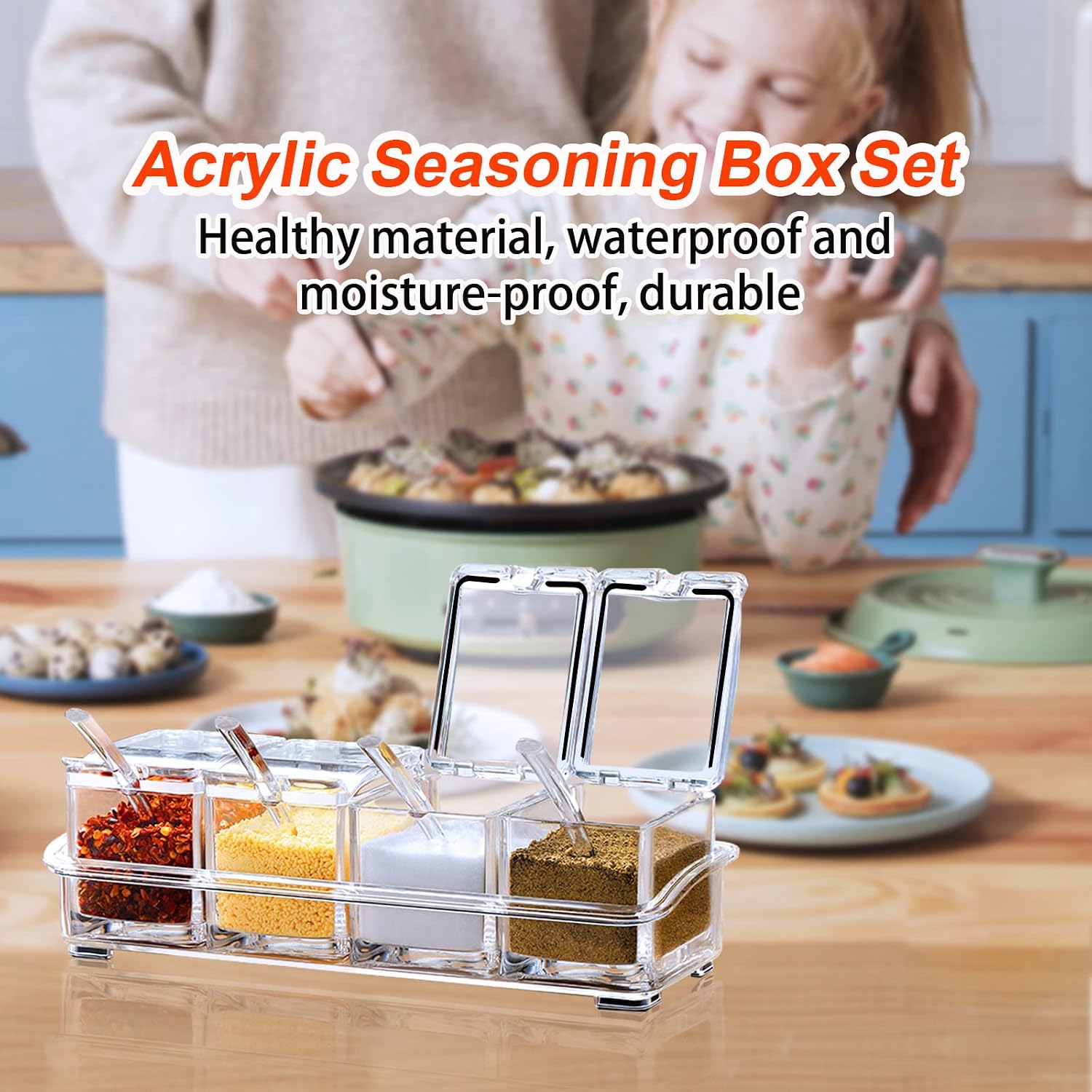 ZGWJ Acrylic Kitchen Spice Pots, 4 Piece Clear Seasoning Box Set, Storage Container Condiment Jars for Spice Salt Sugar Cruet, Seasoning Rack Spice Pots with Cover and Spoon image 2
