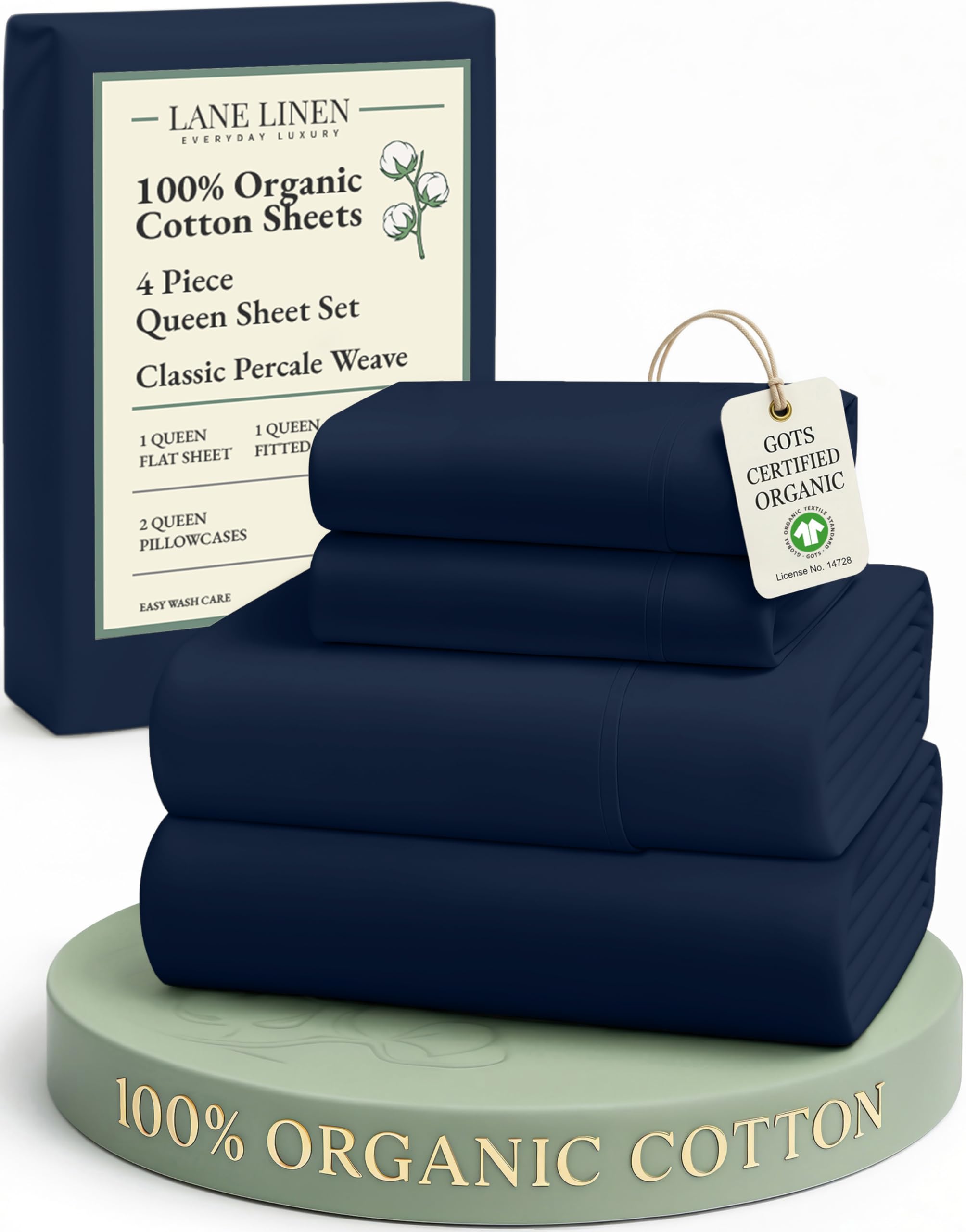 LANE LINEN Eco Friendly 100% Organic Cotton Bed Sheets Queen Size, Soft & Comfy Percale Weave, Fully Elasticized Mercerized Naturally Cooling Cotton Sheets Queen Size Set- Navy