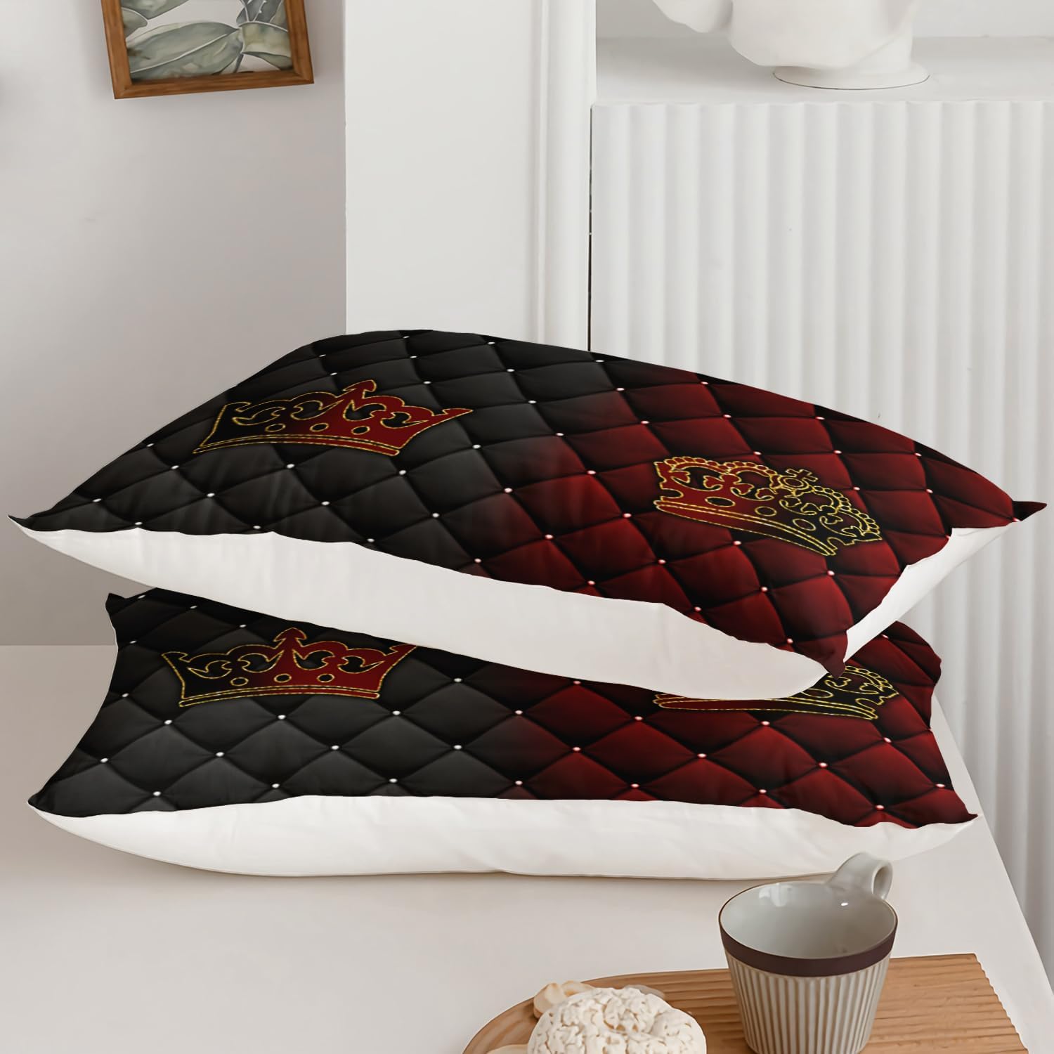 AILONEN Black and Red Duvet Cover Set,King and Queen Printed Crown Love Couple Bedding Set for Gift King Size,Girls Comforter Cover,1 Quilt Cover + 2 Pillowcases 3-Piece,Soft Microfiber - Image 4