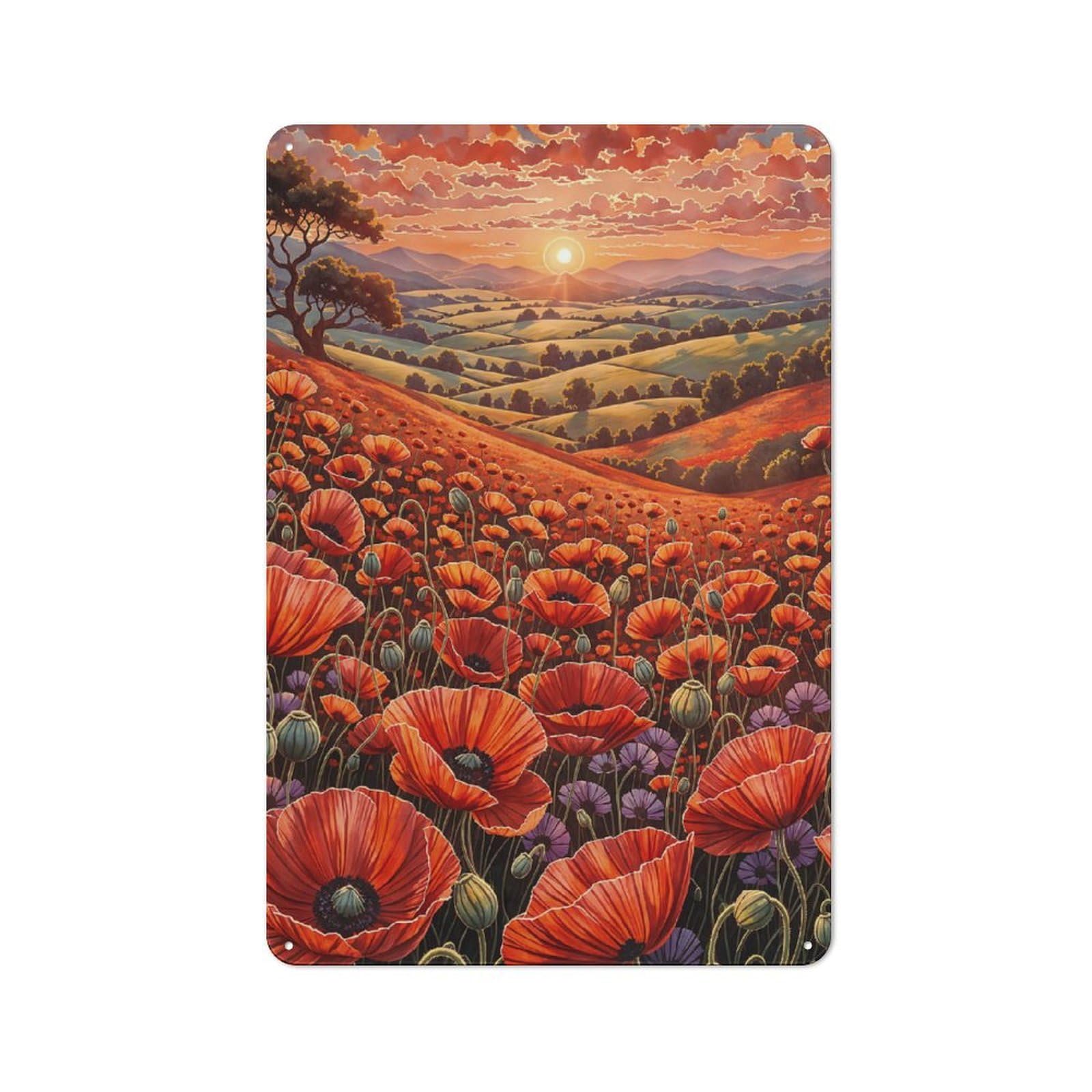 Junmoney Poppy Field Sunset Metal Plaque 30X20cm With For Garage Wall, Vintage Decor, Autumn Home Decor For Collectors Of Metal Signs