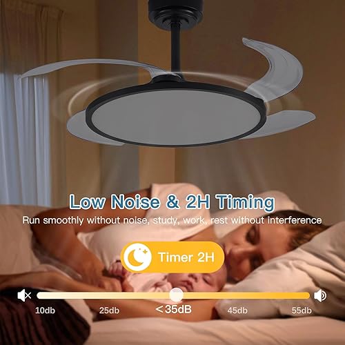 Miniatura 7 de Ventilador de techo retráctil con luces y control remoto, ventilador de techo de 42'' con lámpara de araña, aspas invisibles, LED de espectro Negro