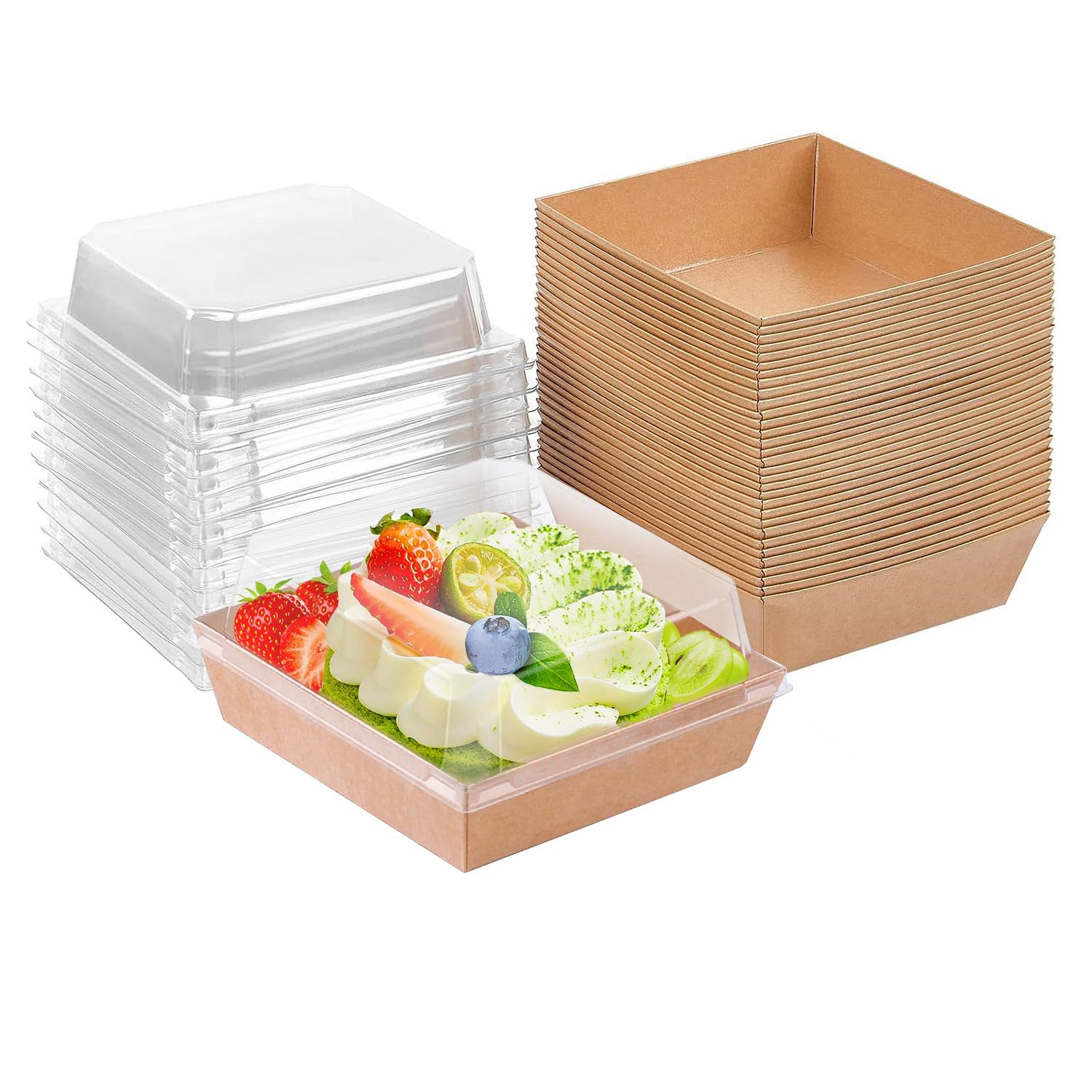 50 Pack Small Paper Charcuterie Boxes with Clear Lids, Dessert Boxes Square Disposable Paper Bakery Boxes to Go Food Containers for Desserts, Sandwich, Cookie, Sushi, Cake Slice and Strawberries