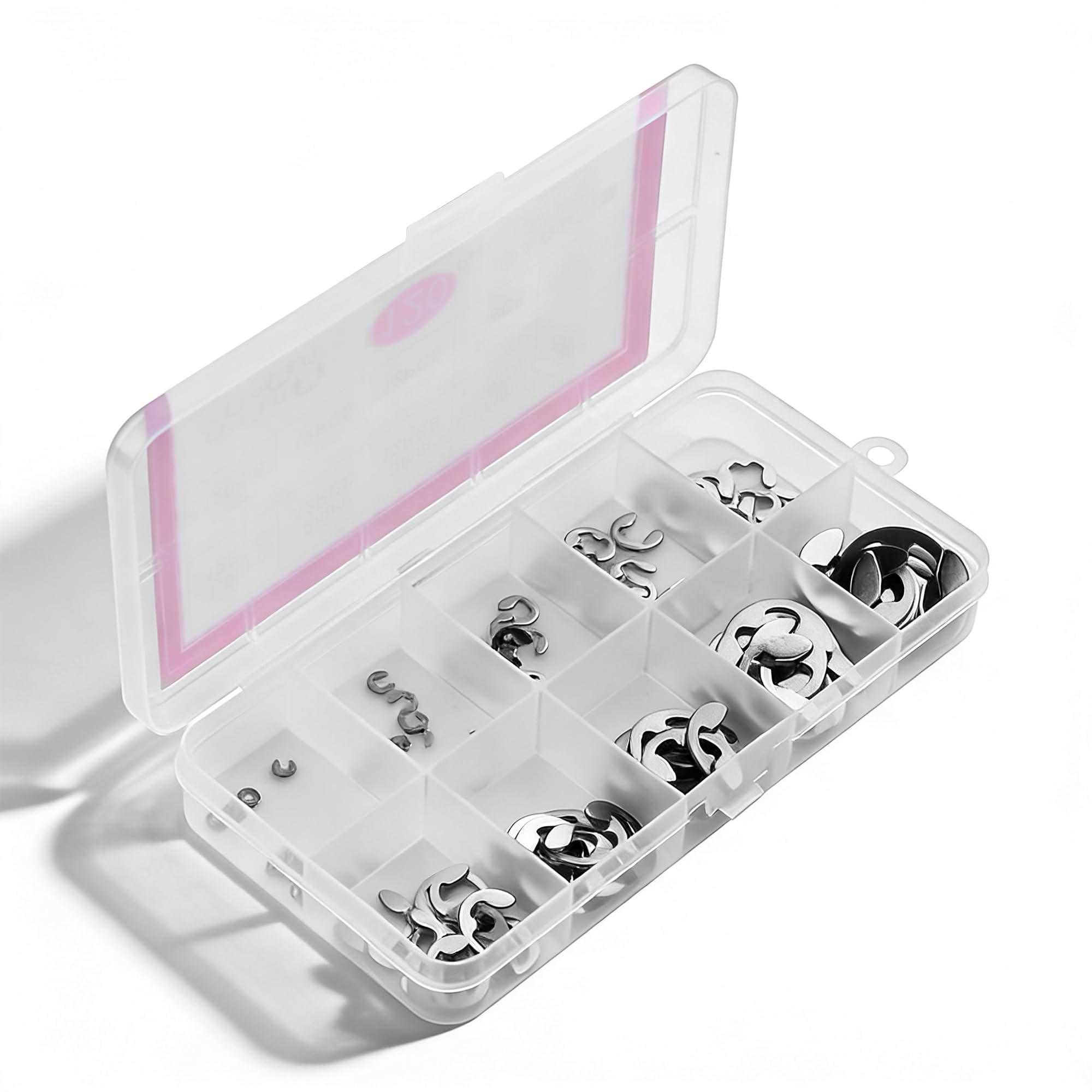 Zestaw pierścieni zabezpieczających ze stali nierdzewnej 304 typu E, DIN 6799-10, różne rozmiary, 120 sztuk (1,5 mm-10 mm), zestaw pierścieni zabezpieczających z przezroczystą przegródką