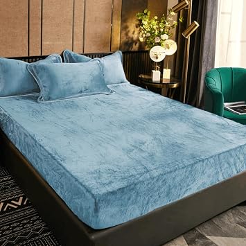 1 Pack Light Blue Crystal Velvet Fitted Sheet Twin with 16" Elastic Deep Pocket, Ultra Soft Fluffy Single Fitted Bottom Sheet Only, Warm Fuzzy Flannel Mattress Protector for Fall Winter Spring