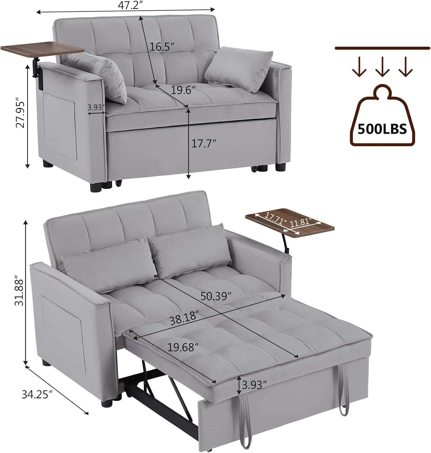 Yafylly 3 in 1 Sleeper Sofa Couch Bed, Pull Out Loveseat with Storage, Full Size Velvet Convertible Chair with 2 Pockets & 2 Pillows for Living Room, Grey
