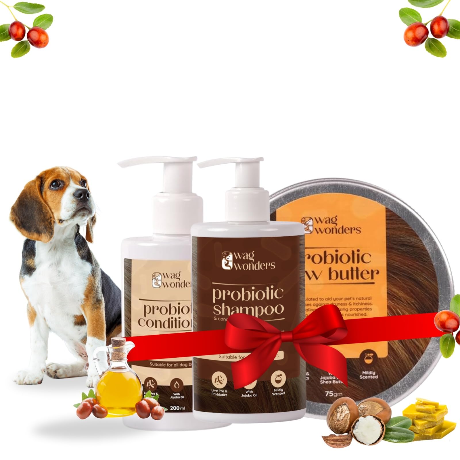 WAG WONDERS Dog Shampoo Combo,Probiotic Shampoo + Conditioner + Paw Butter Kit for Dogs with Jojoba Oil, 3 in 1 Combo Pack, NO Sulphates, NO Parabens (Pack of 3)