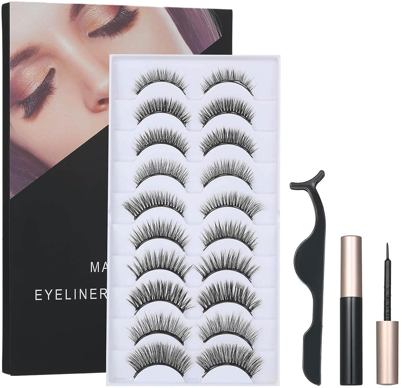 Magnetic False Eyelashes Set With Liquid Eyeliner & 10 Pairs Black Fake Lashes For Extension Makeup Tools, Douself787850677971