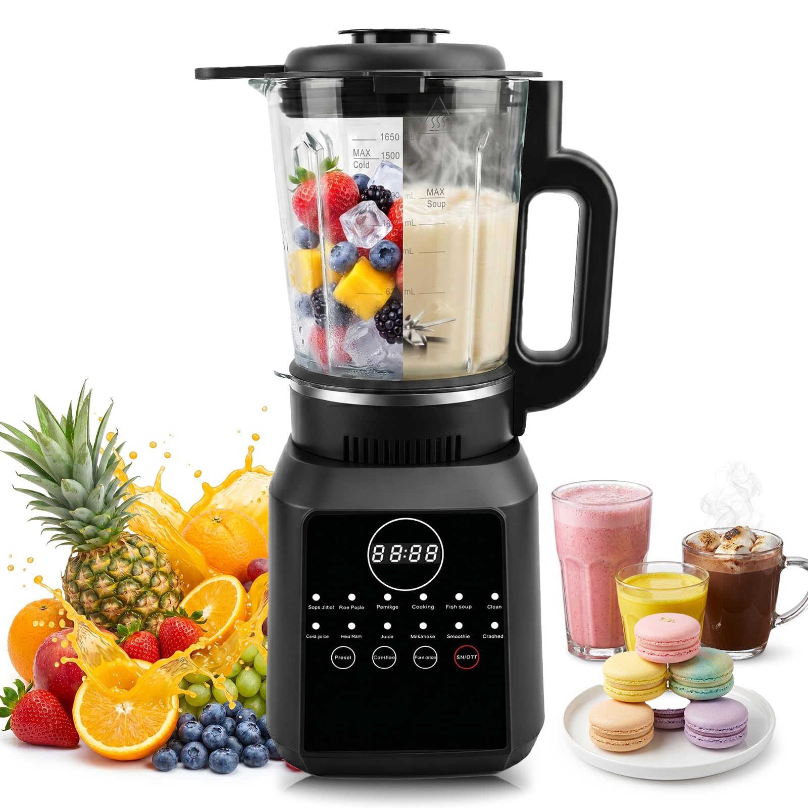 Suppenmixer 1,7L mit Heizfunktion, Glasbehälter und 14 Klingen | Heiß- und Kaltmixer mit 12 Programmen, Timer, Warmhalten und Selbstreinigung für Suppen, Smoothies und mehr