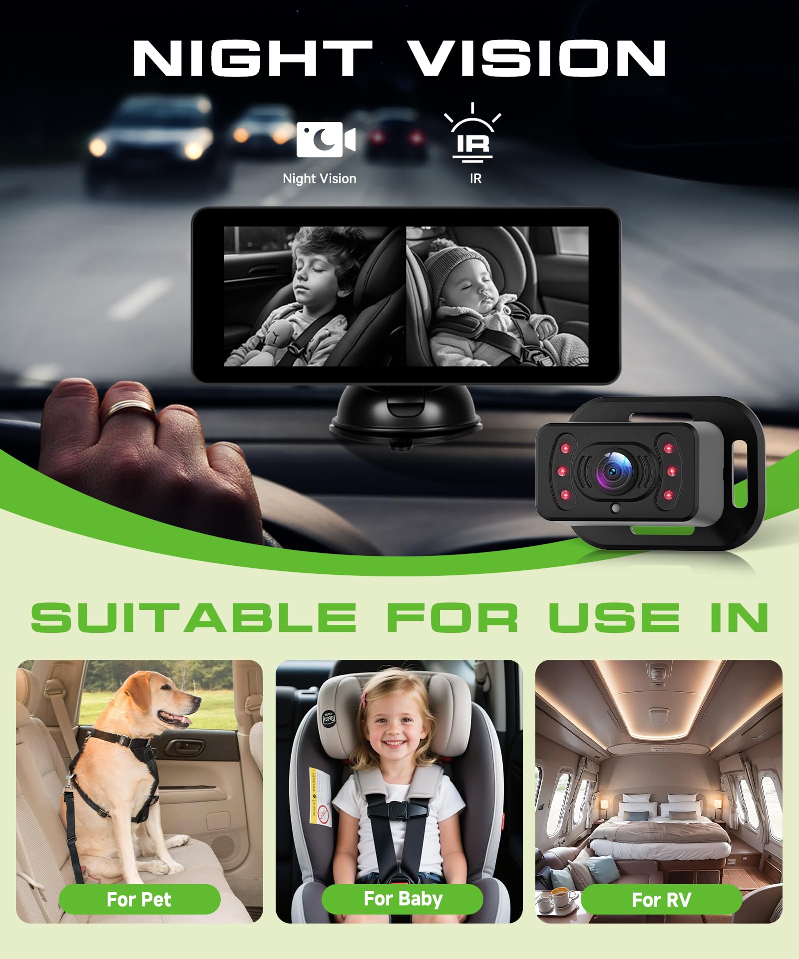 VECHTEL Sedile posteriore per bambini Doppia telecamera con schermo diviso da 6,86 pollici HD 720P, telecamera di sicurezza per seggiolino auto con visione notturna ruotabile a 360°,supporto a ventosa
