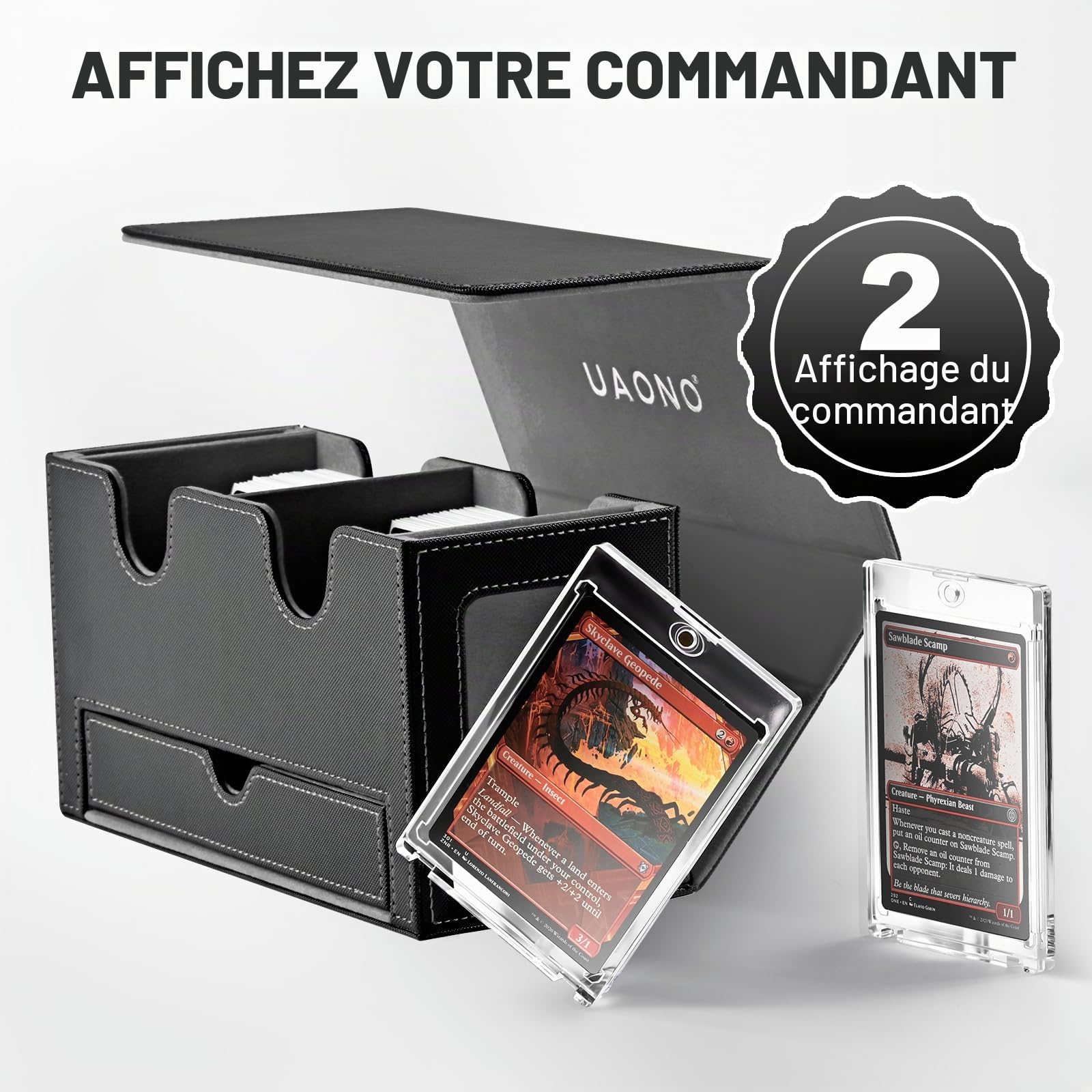 UAONO Boîte de rangement pour MTG, double boîte de rangement avec 2 présentoirs commandants et 1 plateau à dés, peut contenir plus de 200 à double manchon, organisateur pour CCG TCG Sports (noir gris)