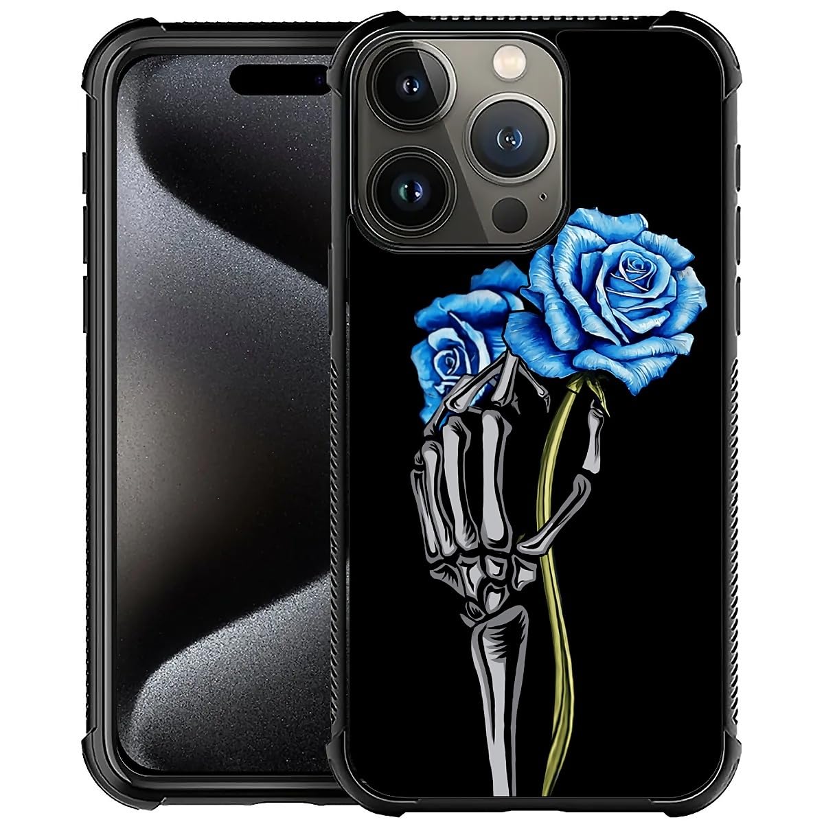 FKBRCL4U for iPhone 16 Pro Max Case, Skeleton Holding Blue Rose Pattern Graphic Design Girl Boy Soft Silicone Hard Acrylic Shock Protection for iPhone