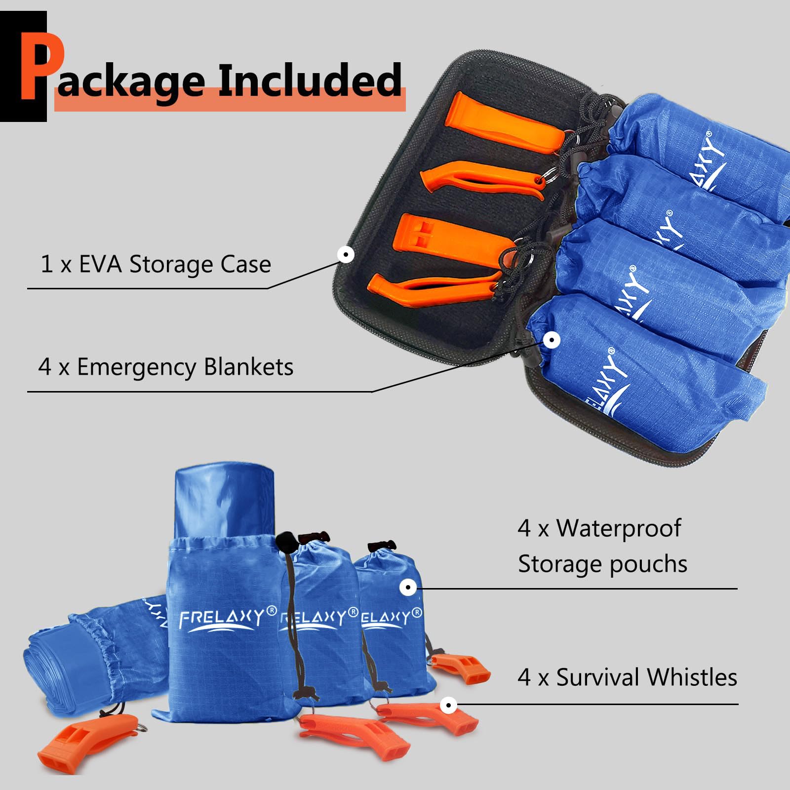 Frelaxy Manta de emergencia, paquete de 2/4, mantas espaciales extra gruesas con silbatos, bolsas de almacenamiento y funda de EVA