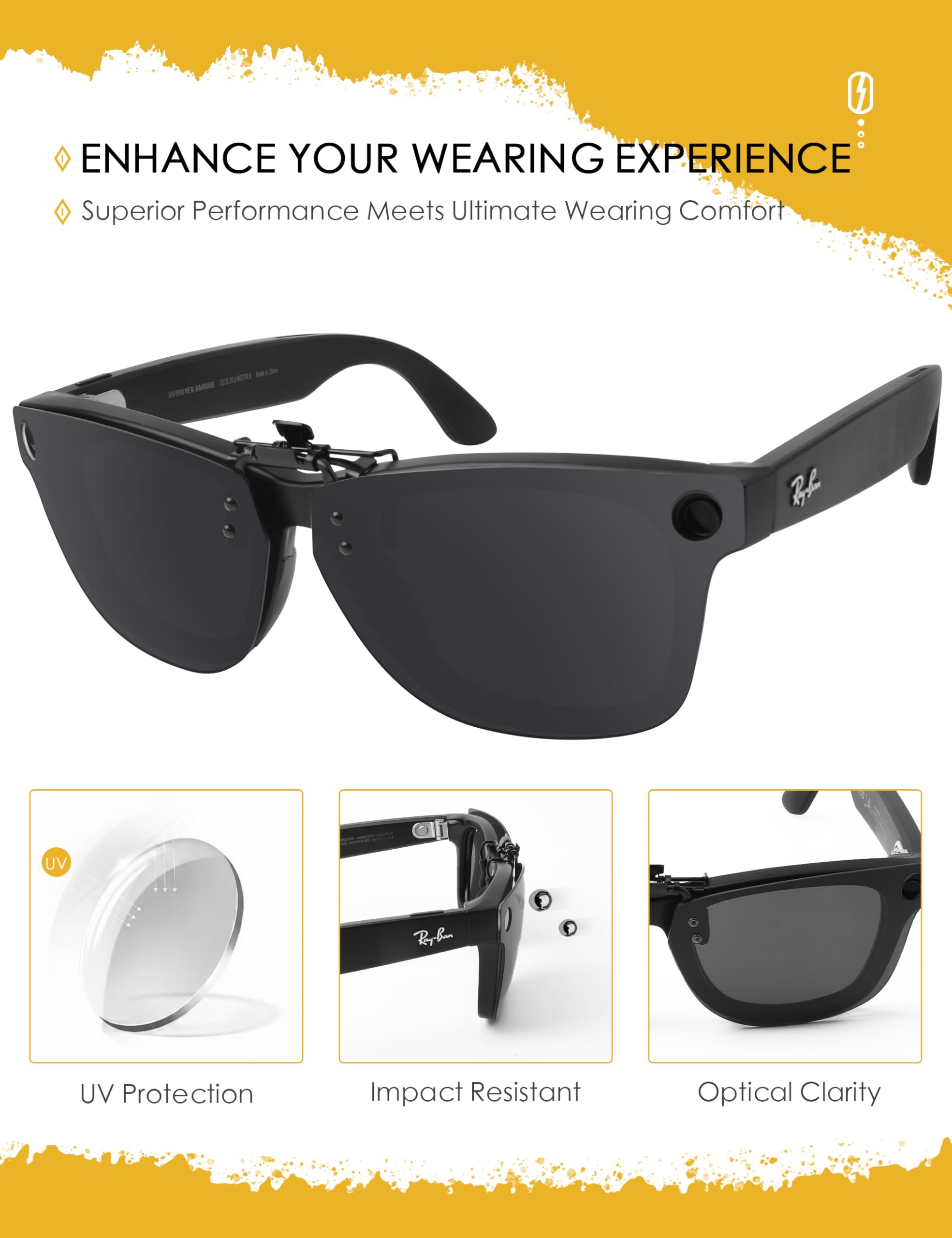 Gafas de sol polarizadas con clip compatibles con Ray-Ban Meta Wayfarer RW4008 53 mm, protección UV y ajuste seguro